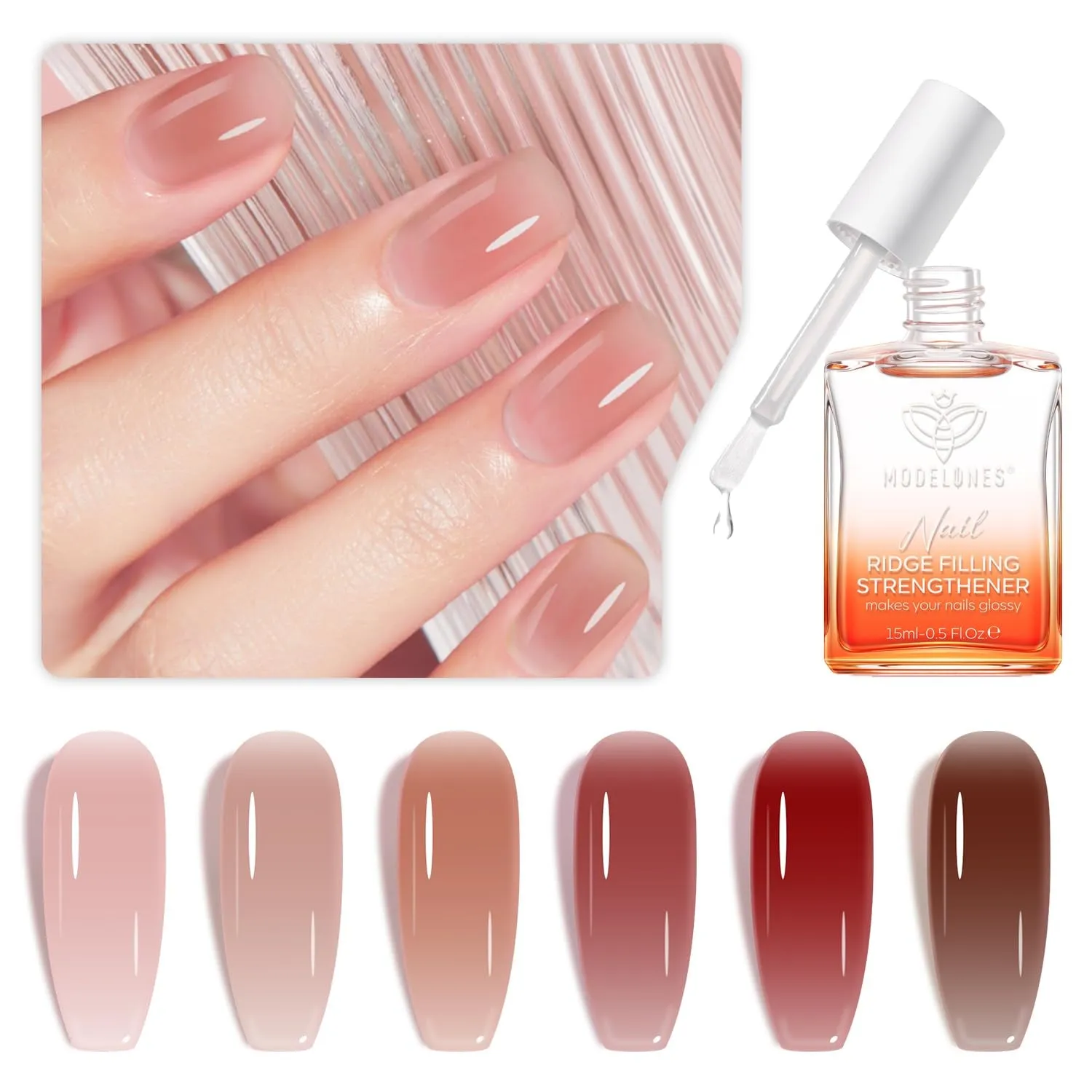 15Ml 8-In-One Nail Ridge Filler Strengthener with 6 Colors Jelly Nail Polish Set