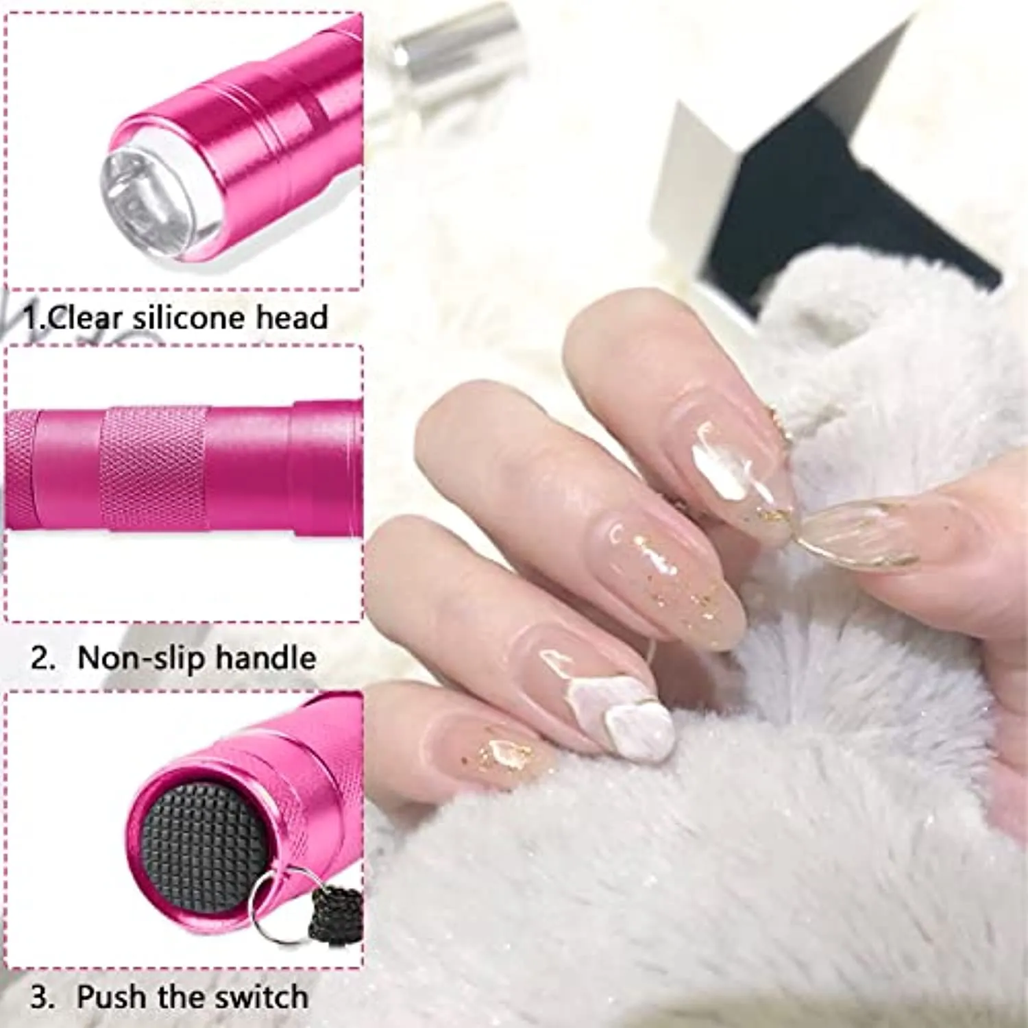 ANGNYA Mini UV LED Nail Lamp for Gel Nails,Press LED Flashlight UV Lamp with 12 LED Lights Portable Nail Dryer with Clear Jelly Silicone Nail Art Stamping Tools Quick-Drying at Home and Salons(Pink)