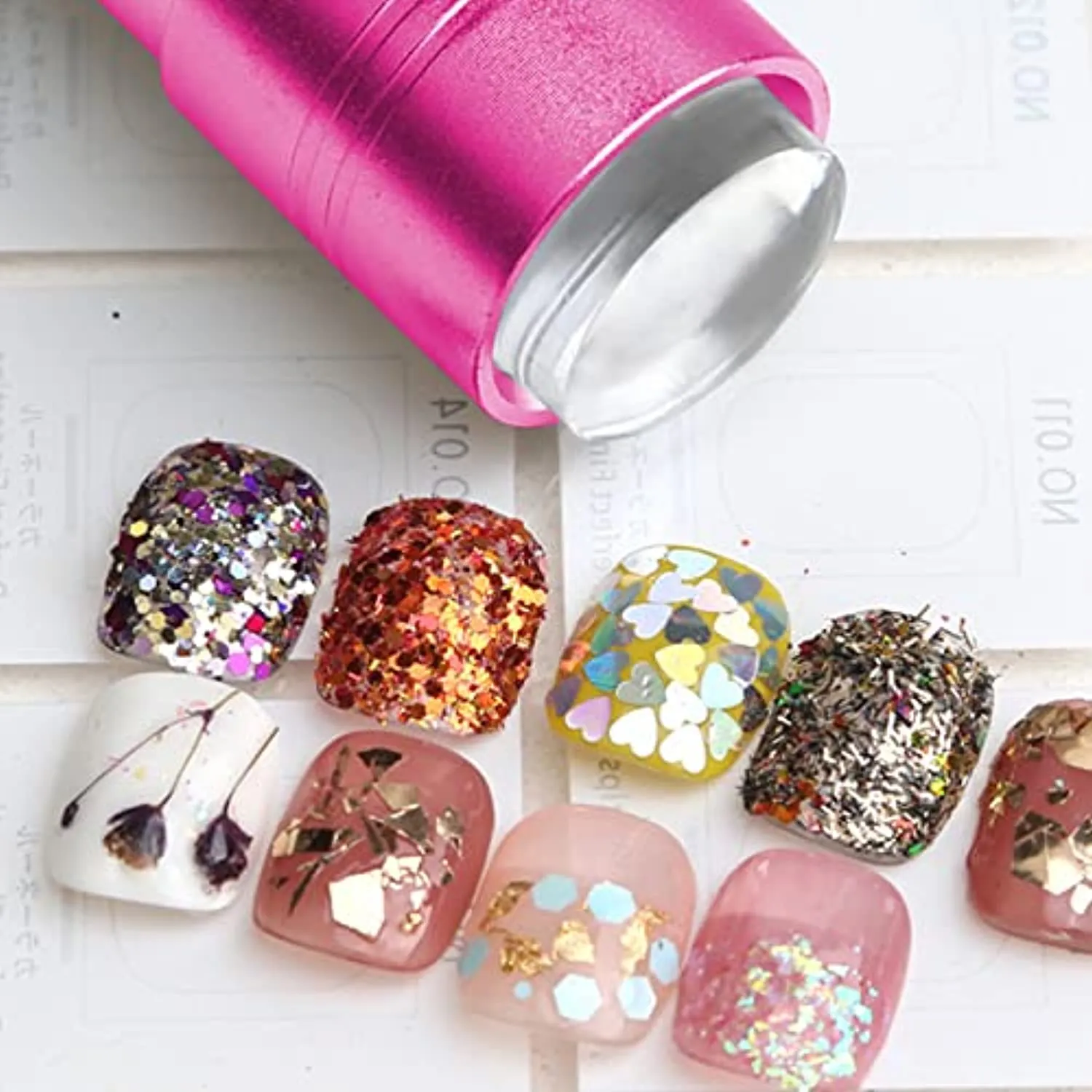ANGNYA Mini UV LED Nail Lamp for Gel Nails,Press LED Flashlight UV Lamp with 12 LED Lights Portable Nail Dryer with Clear Jelly Silicone Nail Art Stamping Tools Quick-Drying at Home and Salons(Pink)