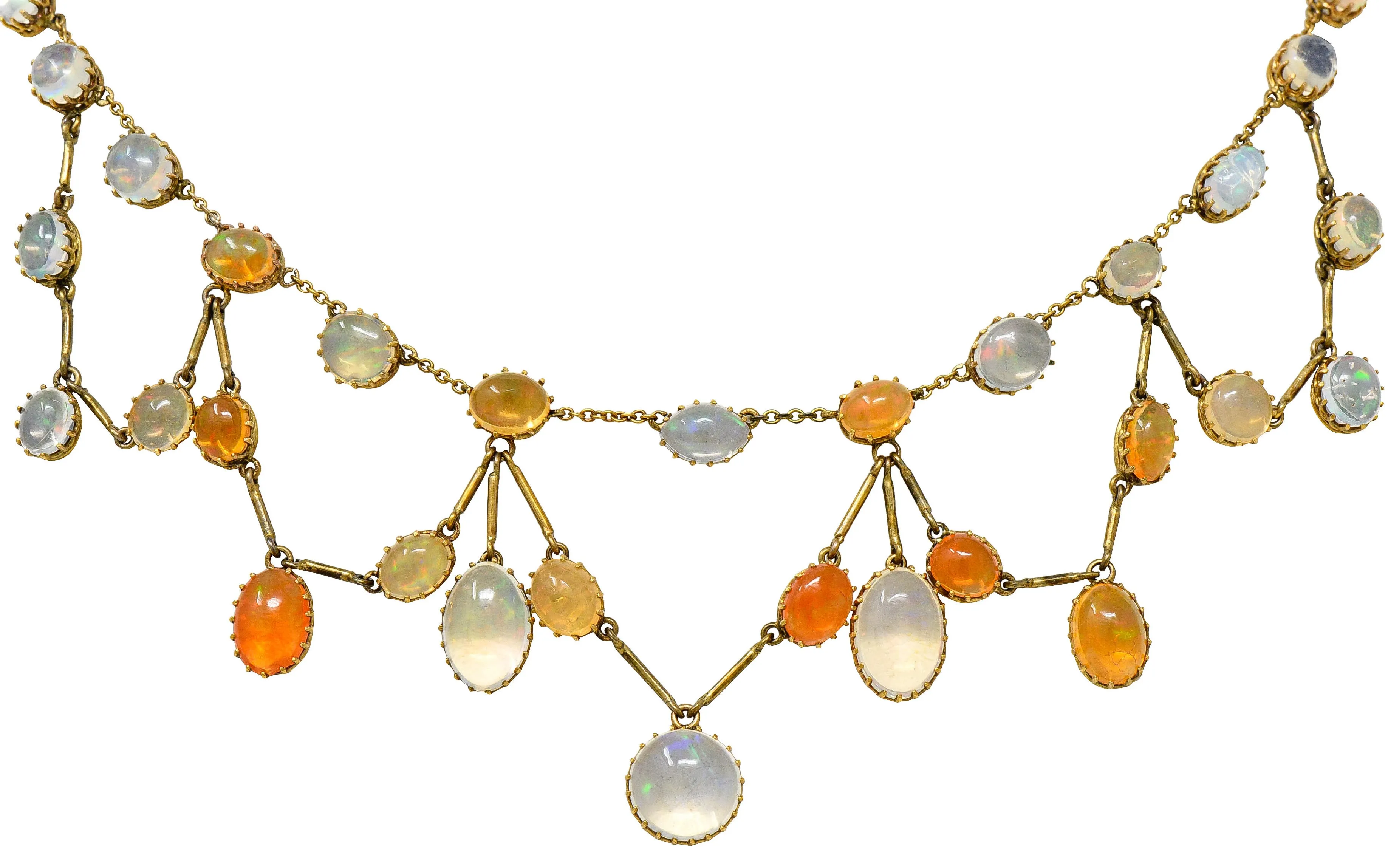 Art Nouveau Jelly Opal & Fire Opal 14 Karat Gold Swag Necklace