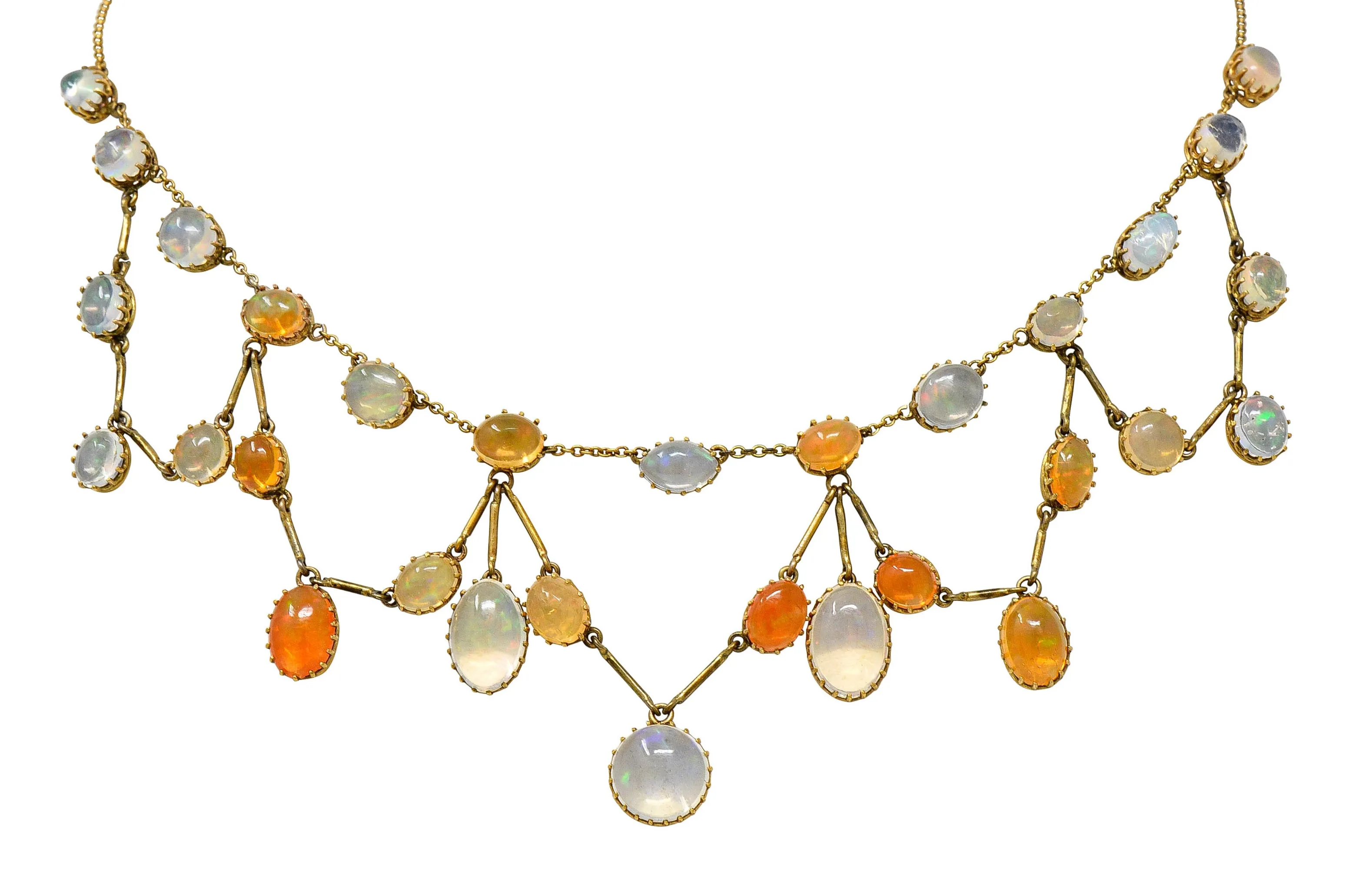 Art Nouveau Jelly Opal & Fire Opal 14 Karat Gold Swag Necklace
