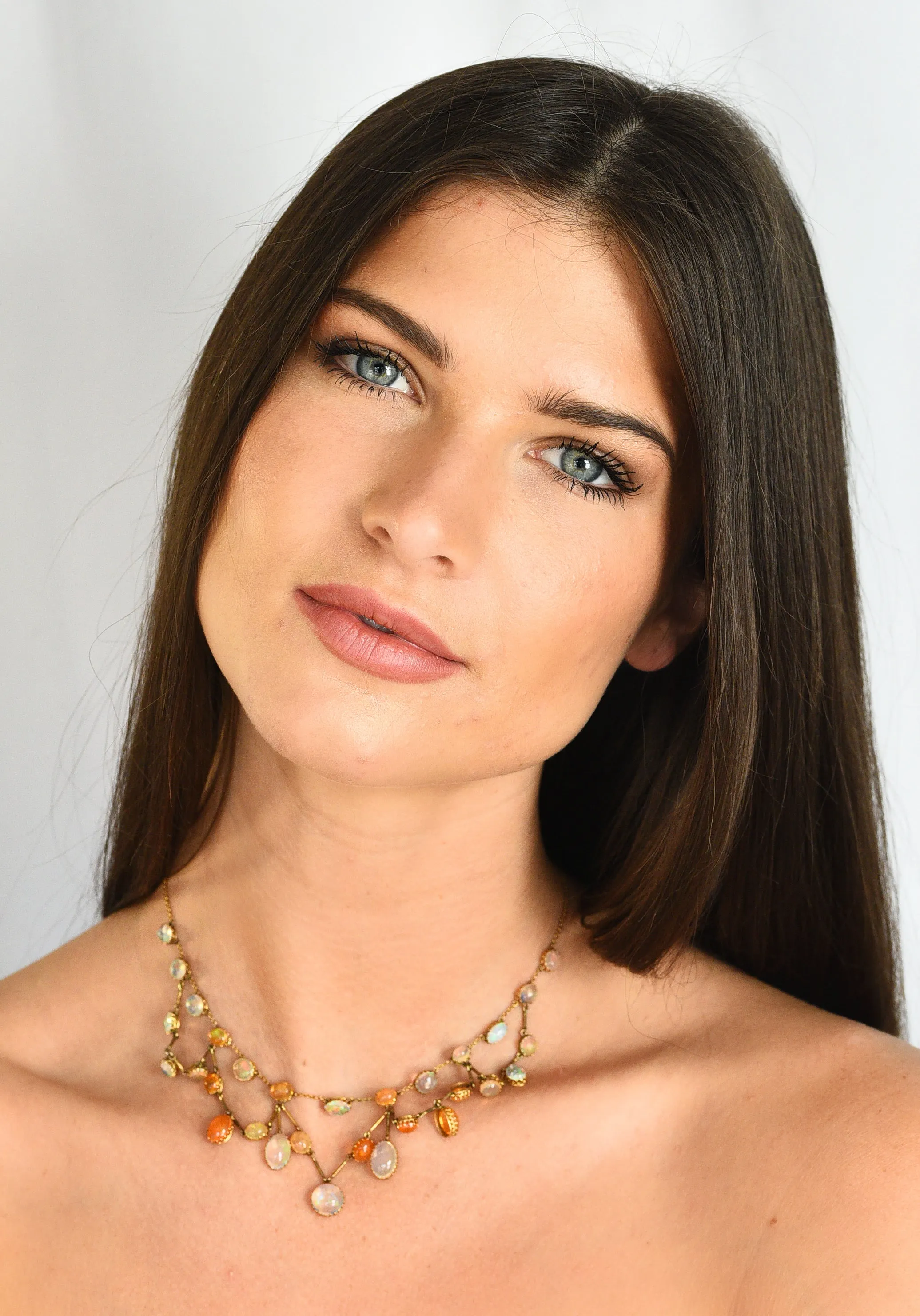 Art Nouveau Jelly Opal & Fire Opal 14 Karat Gold Swag Necklace