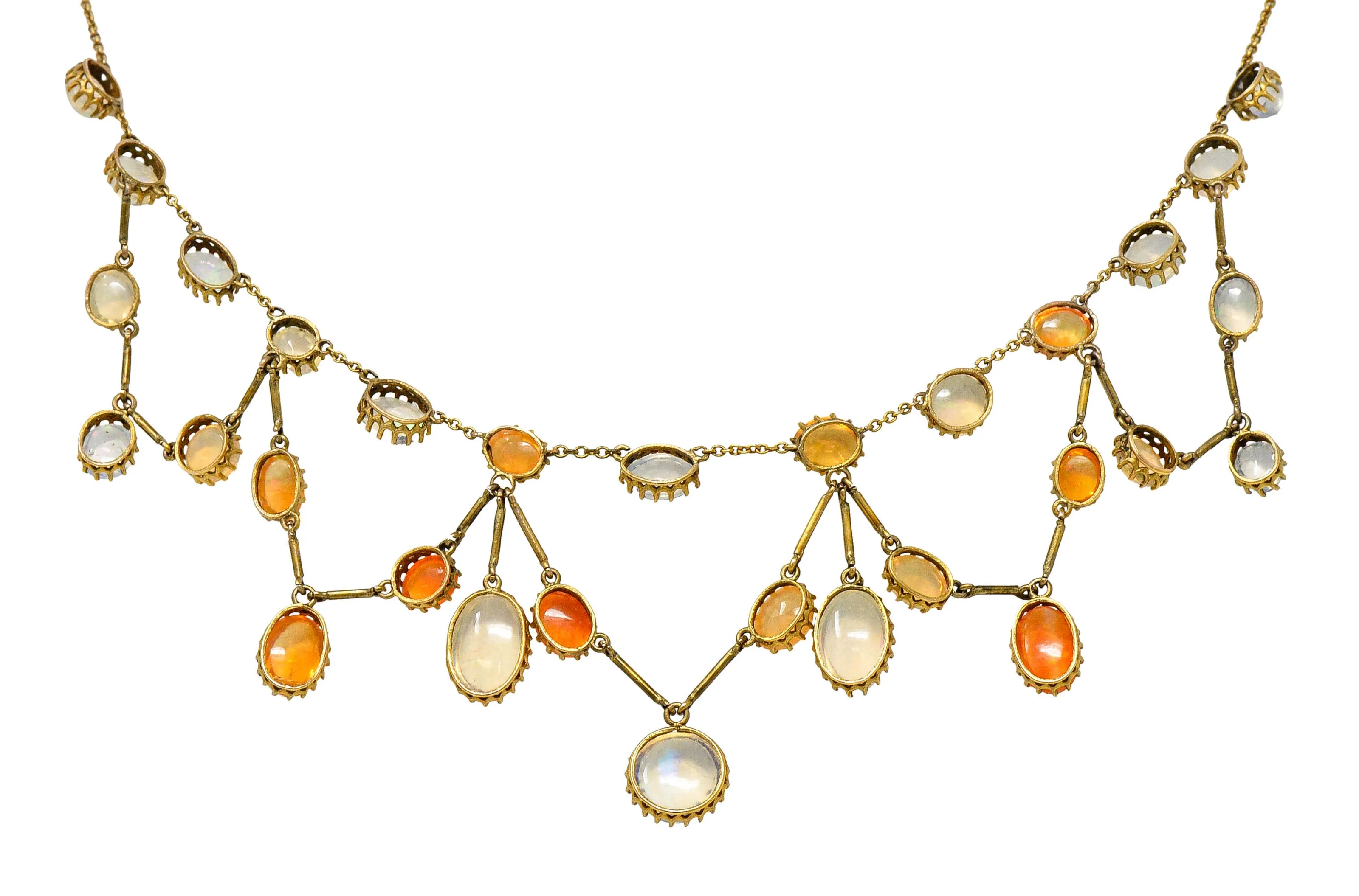 Art Nouveau Jelly Opal & Fire Opal 14 Karat Gold Swag Necklace