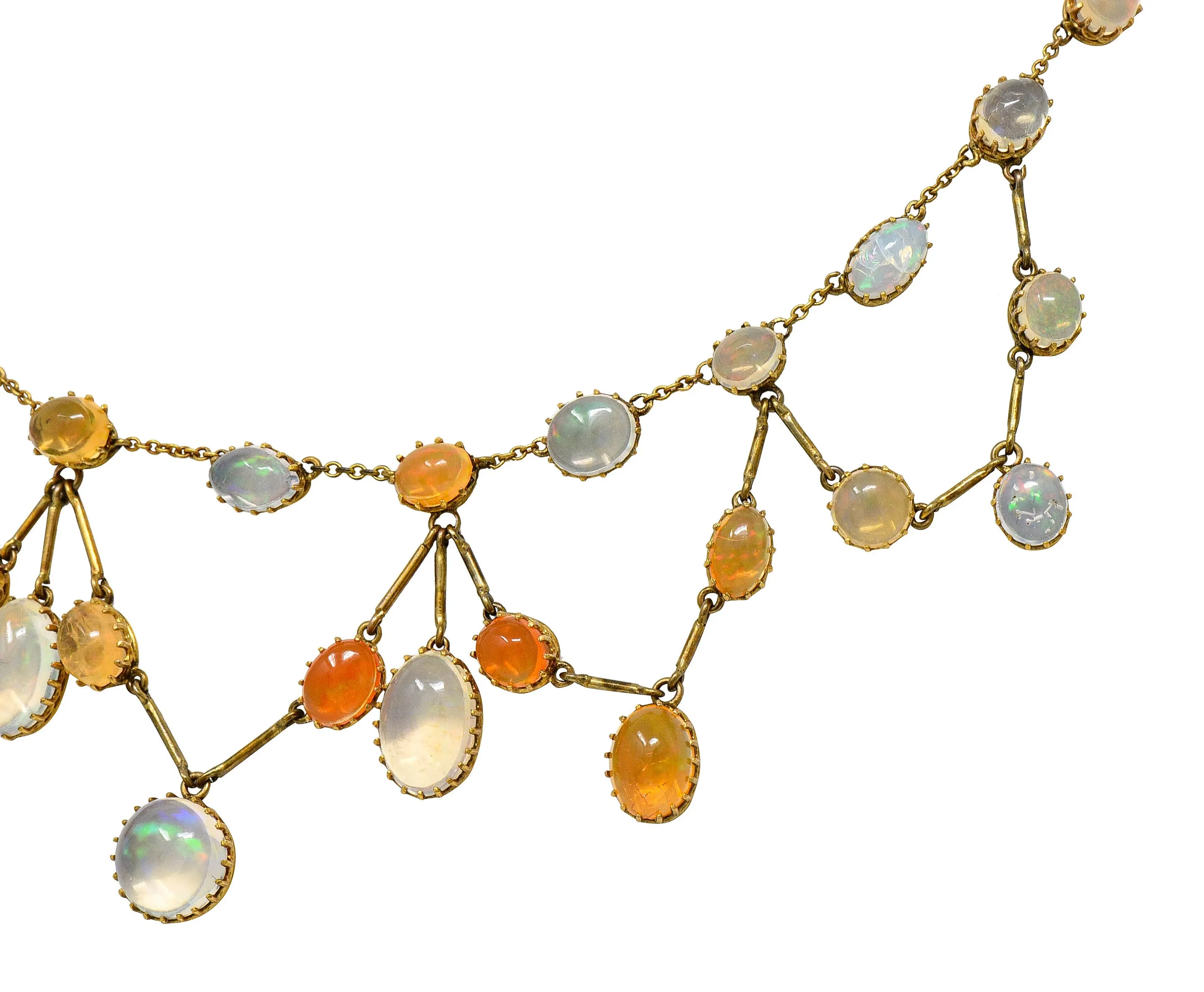 Art Nouveau Jelly Opal & Fire Opal 14 Karat Gold Swag Necklace