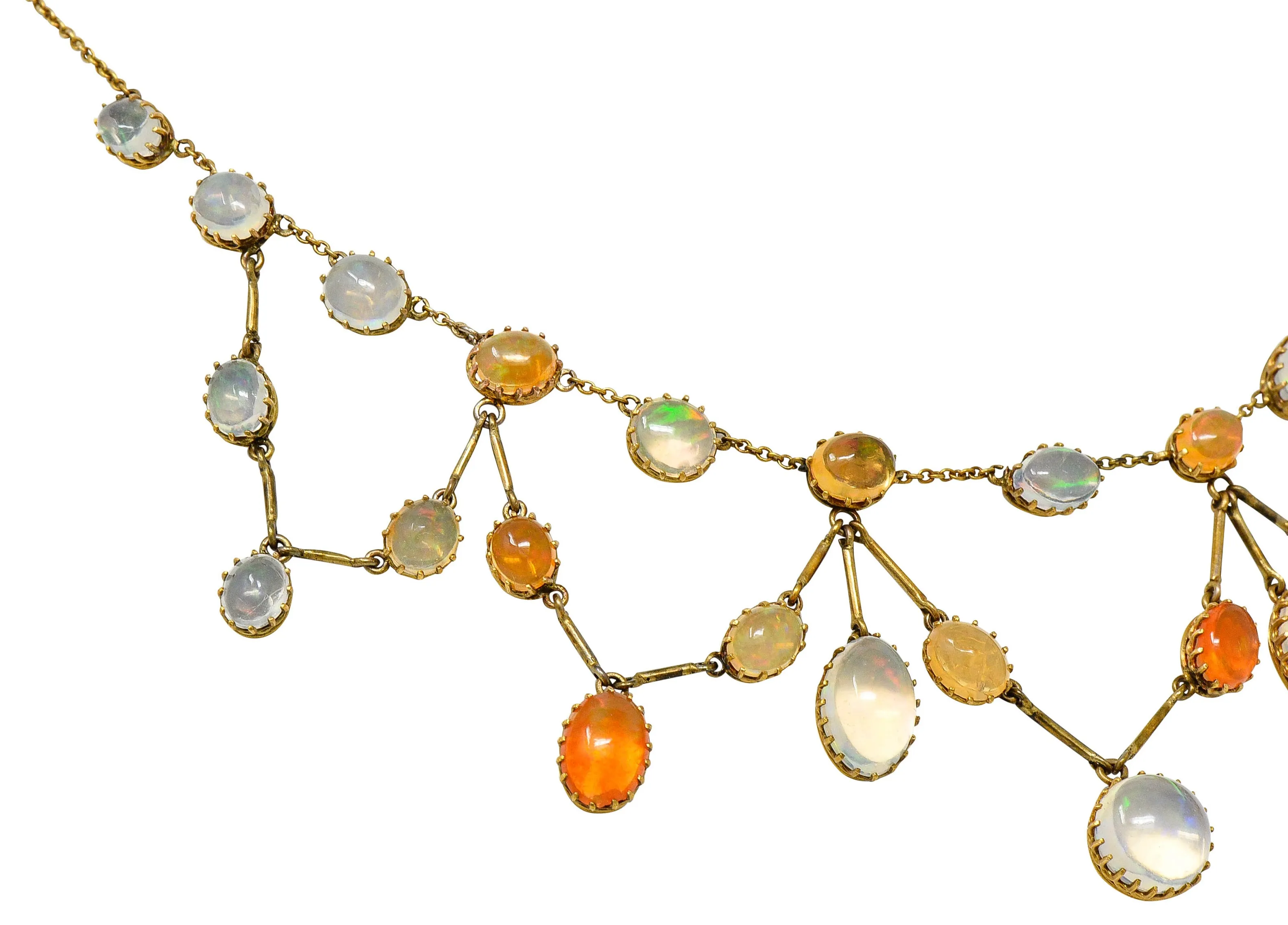 Art Nouveau Jelly Opal & Fire Opal 14 Karat Gold Swag Necklace