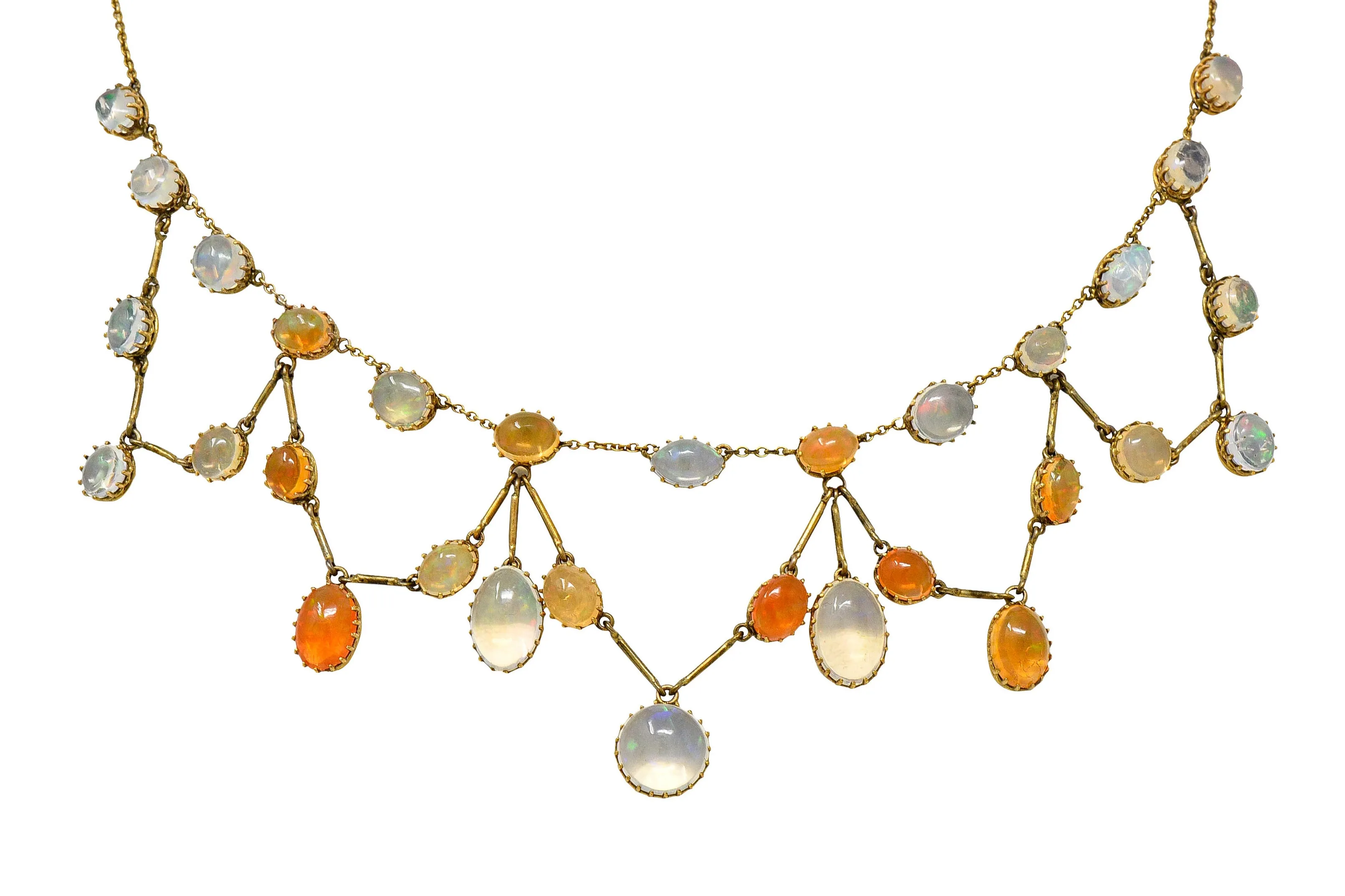 Art Nouveau Jelly Opal & Fire Opal 14 Karat Gold Swag Necklace