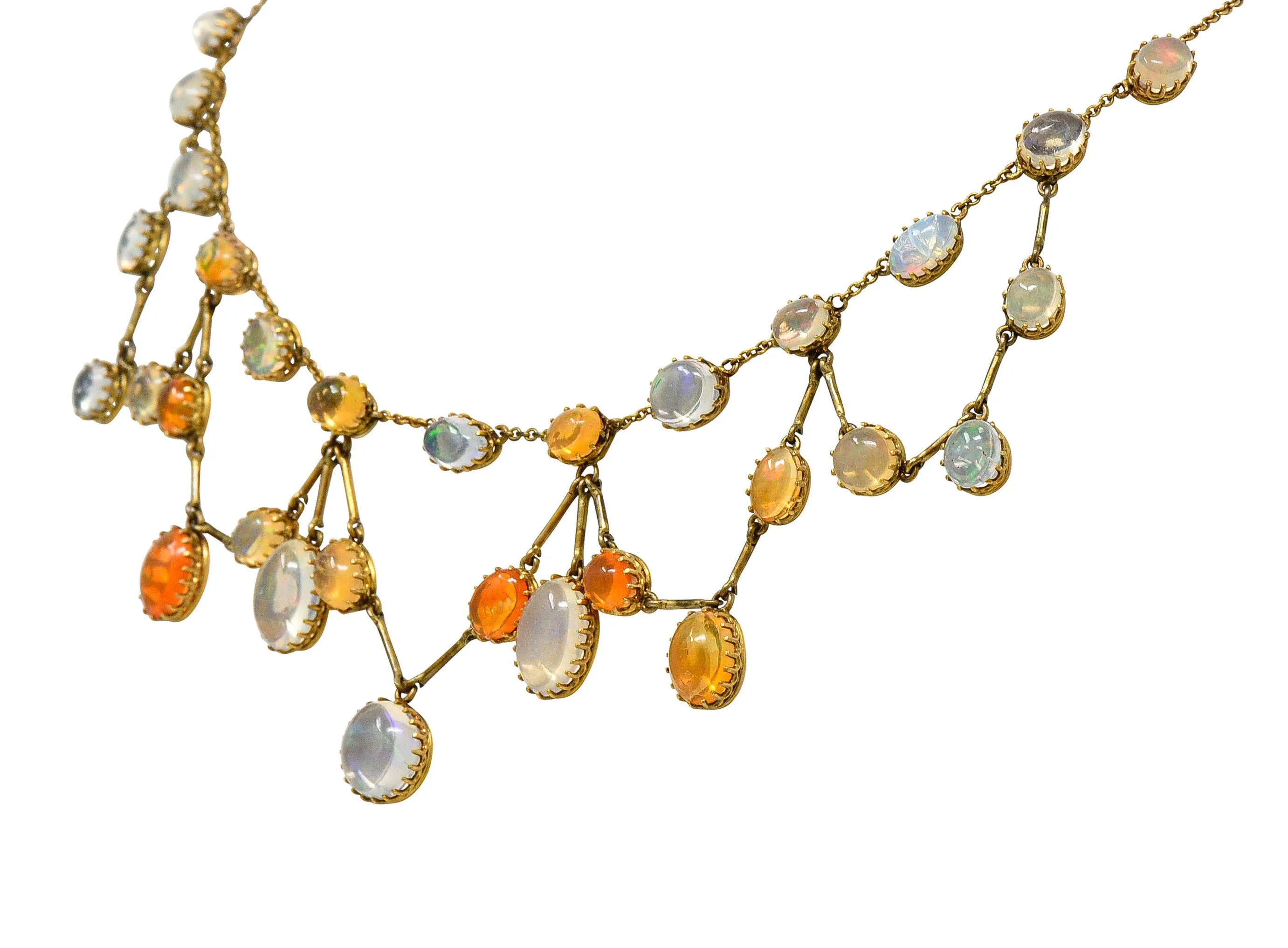 Art Nouveau Jelly Opal & Fire Opal 14 Karat Gold Swag Necklace