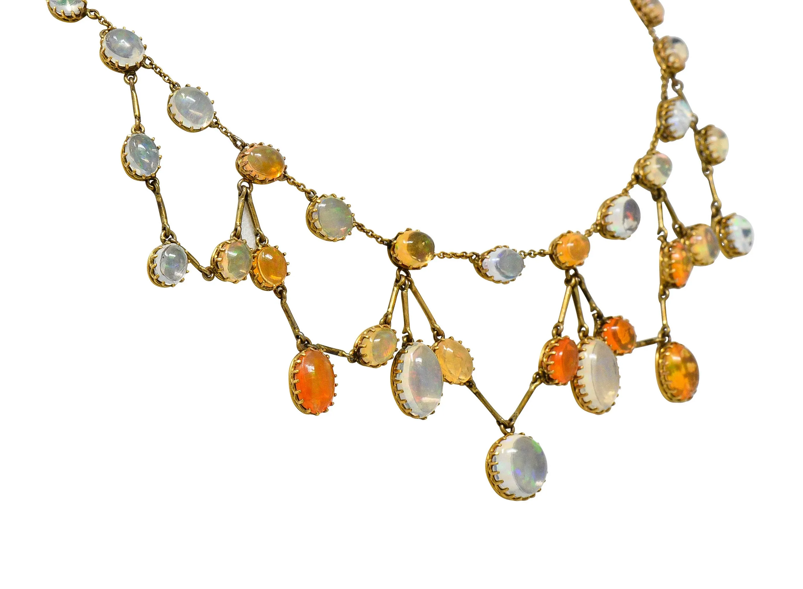 Art Nouveau Jelly Opal & Fire Opal 14 Karat Gold Swag Necklace