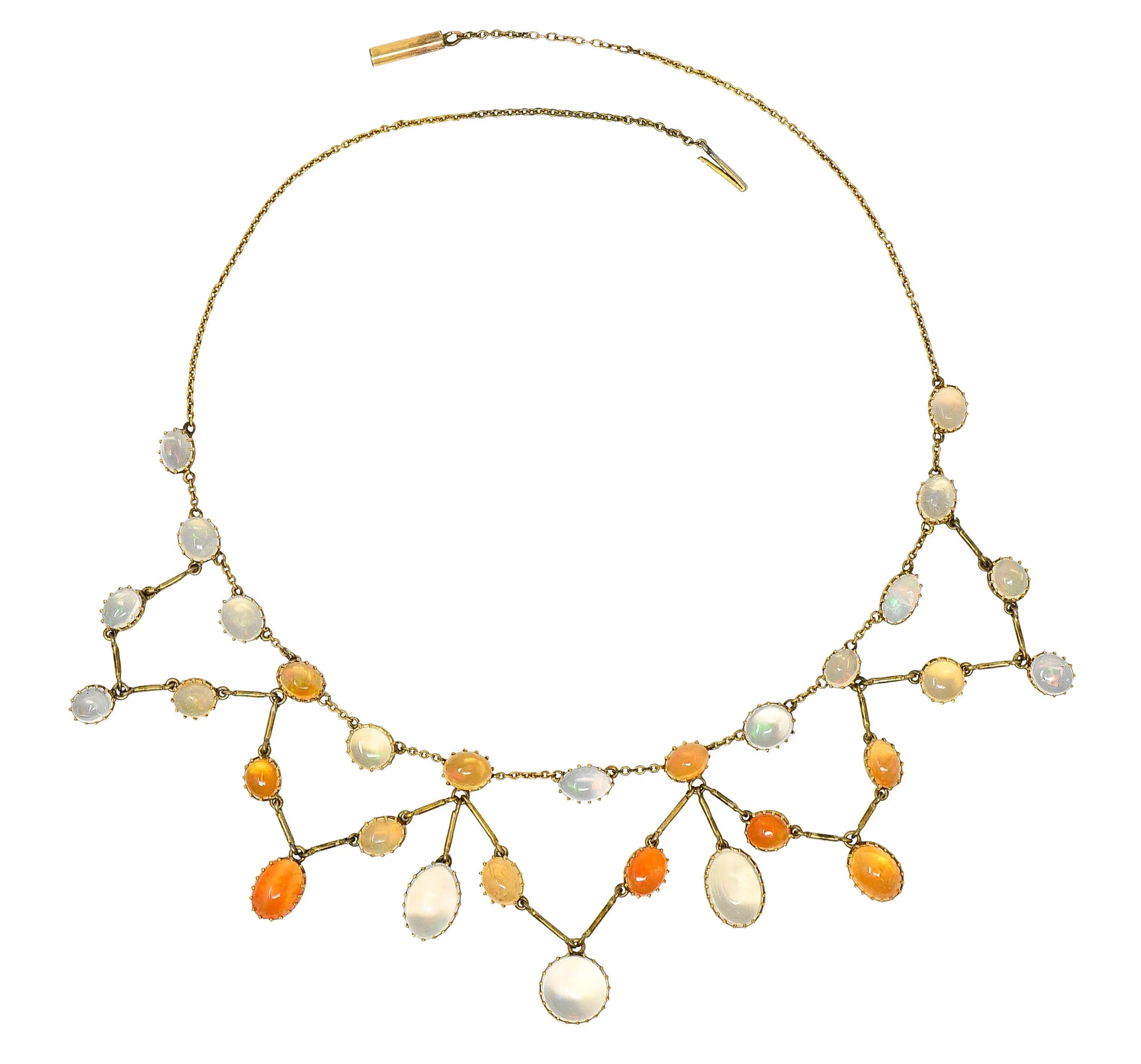 Art Nouveau Jelly Opal & Fire Opal 14 Karat Gold Swag Necklace