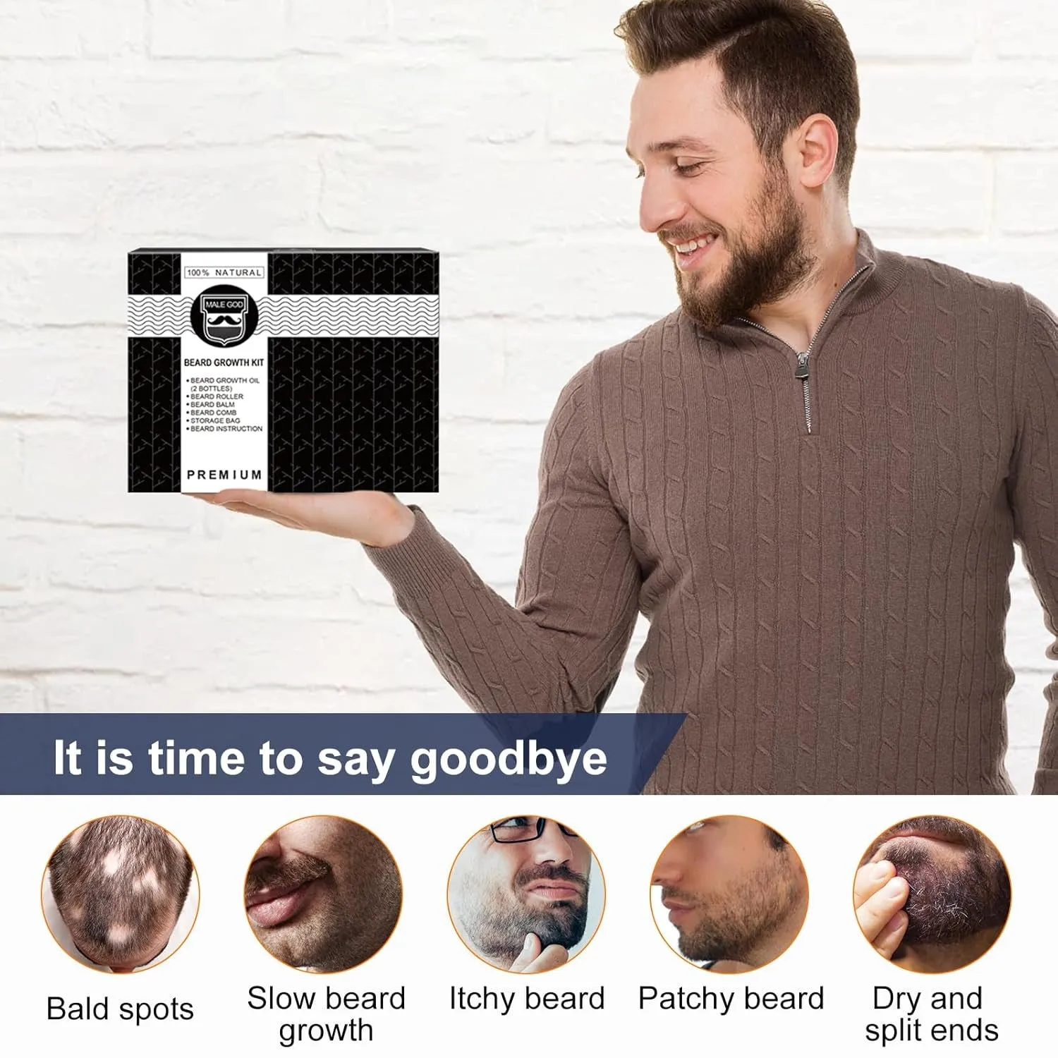 Beard Growth Kit, Beard Kit W/Beard Growth Oil, Balm, Comb, Massager for Spot/Patchy Beard, Gifts for Men Him Boyfriend Husband