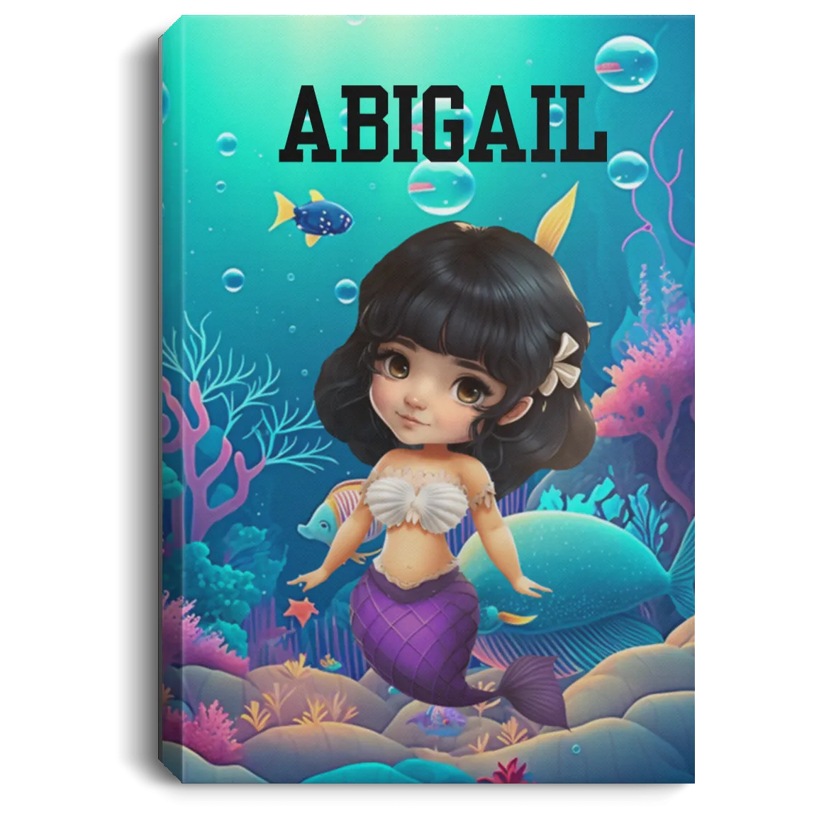Black Hair Mermaid Personalized Canvas .75in Frame
