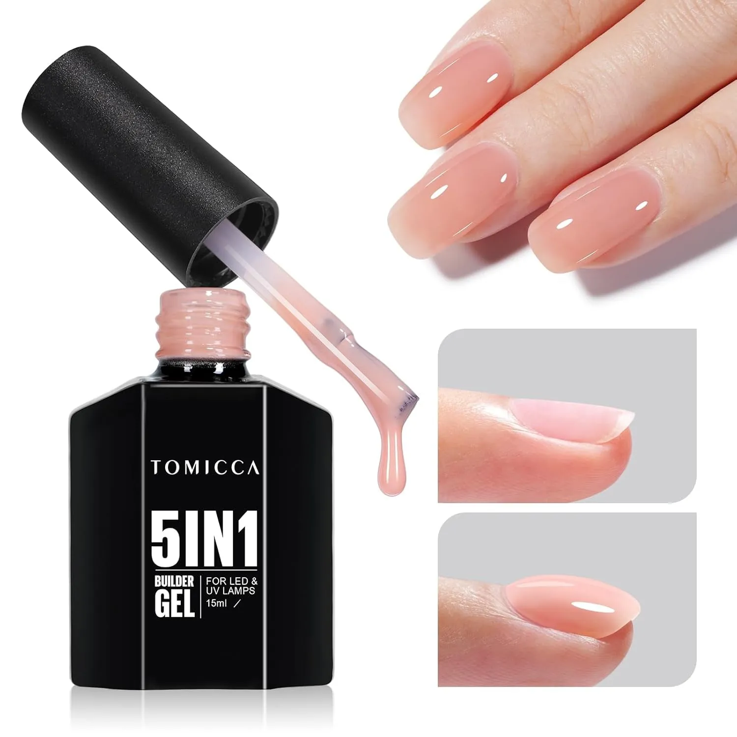 Builder Gel for Nails, 5 in 1 Clear Gel Strengthener, Hard Gel Nail Polish for Nail Thickening, Light Nude Color Nail Extension Gel for French Manicure Base Coat Needed