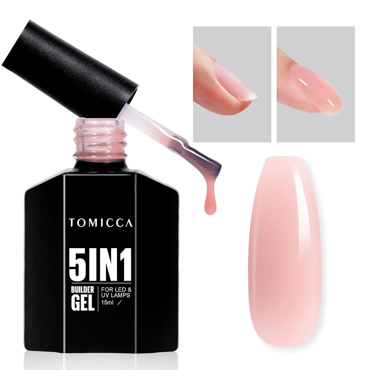 Builder Gel for Nails, 5 in 1 Clear Gel Strengthener, Hard Gel Nail Polish for Nail Thickening, Light Nude Color Nail Extension Gel for French Manicure Base Coat Needed