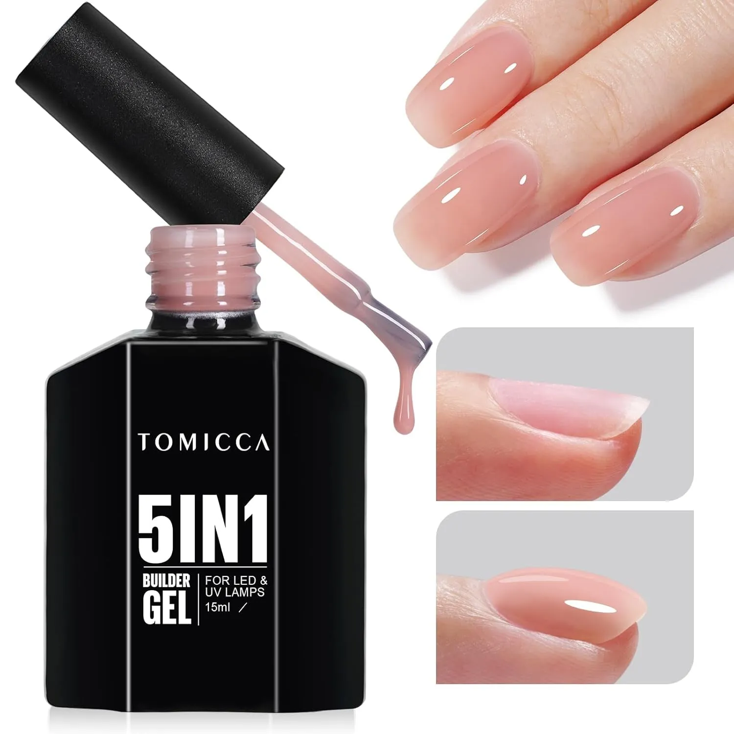 Builder Gel for Nails, 5 in 1 Clear Gel Strengthener, Hard Gel Nail Polish for Nail Thickening, Light Nude Color Nail Extension Gel for French Manicure Base Coat Needed