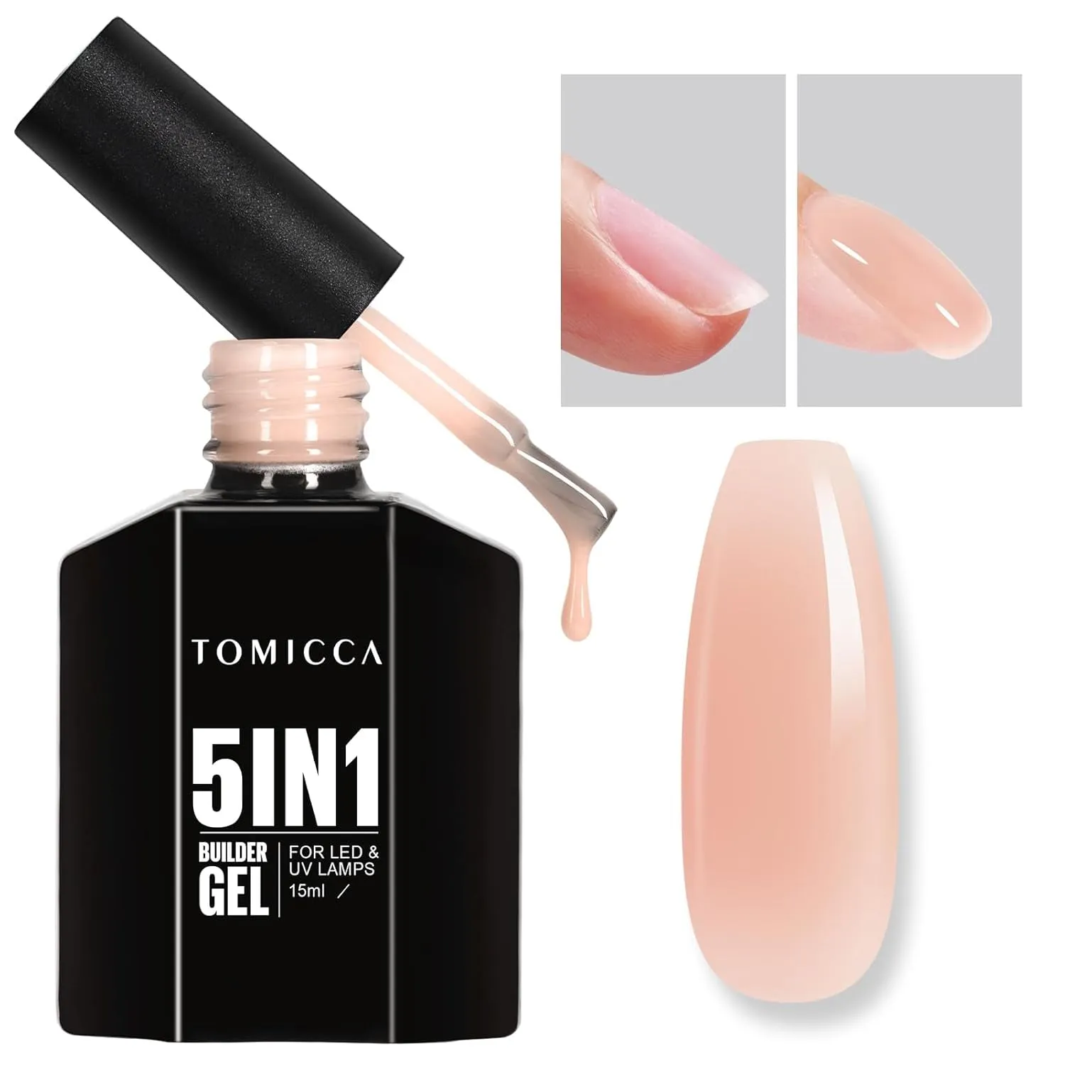 Builder Gel for Nails, 5 in 1 Clear Gel Strengthener, Hard Gel Nail Polish for Nail Thickening, Light Nude Color Nail Extension Gel for French Manicure Base Coat Needed