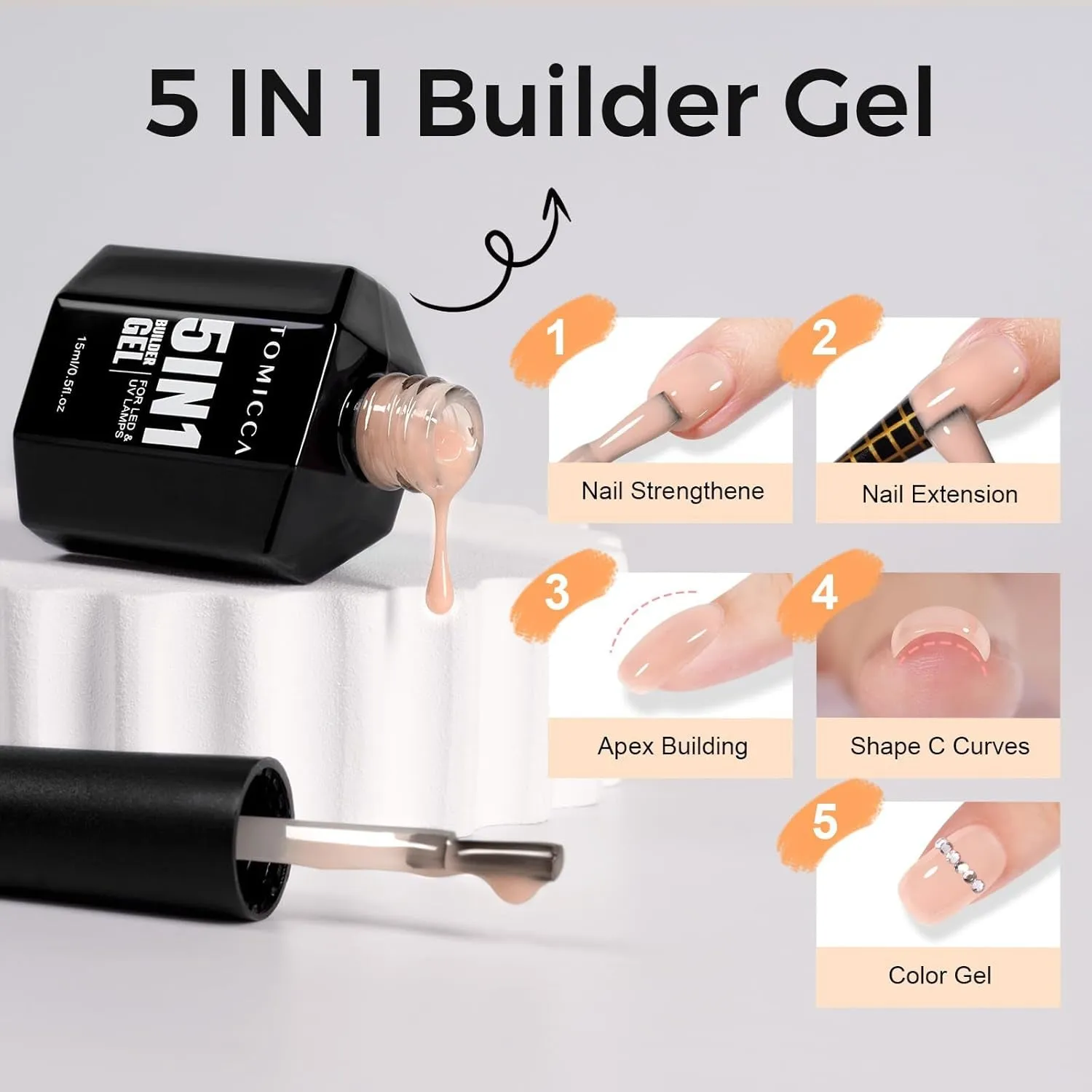 Builder Gel for Nails, 5 in 1 Clear Gel Strengthener, Hard Gel Nail Polish for Nail Thickening, Light Nude Color Nail Extension Gel for French Manicure Base Coat Needed