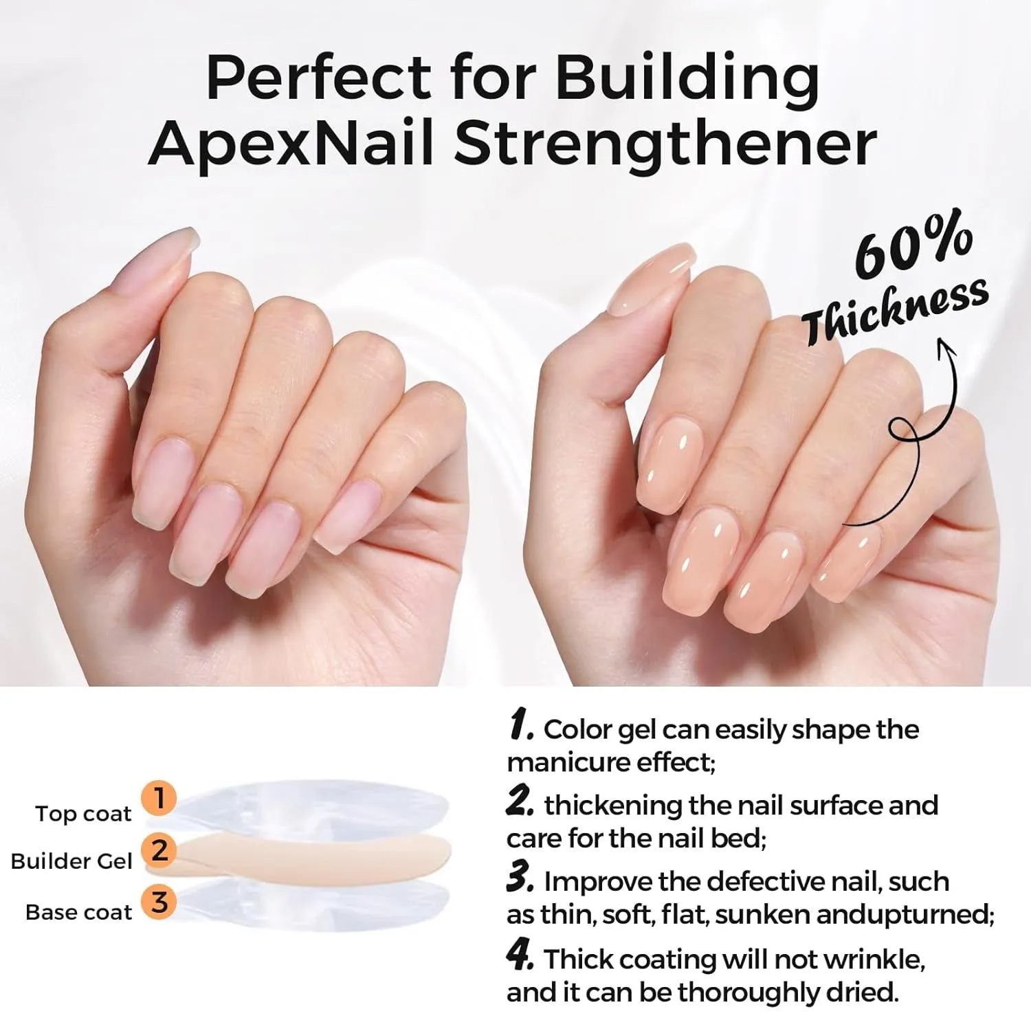 Builder Gel for Nails, 5 in 1 Clear Gel Strengthener, Hard Gel Nail Polish for Nail Thickening, Light Nude Color Nail Extension Gel for French Manicure Base Coat Needed