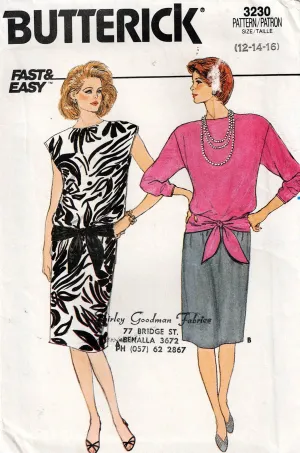 Butterick 3230 Womens EASY Pullover Dress with Sash 1980s Vintage Sewing Pattern Size 12 - 16 UNCUT Factory Folded