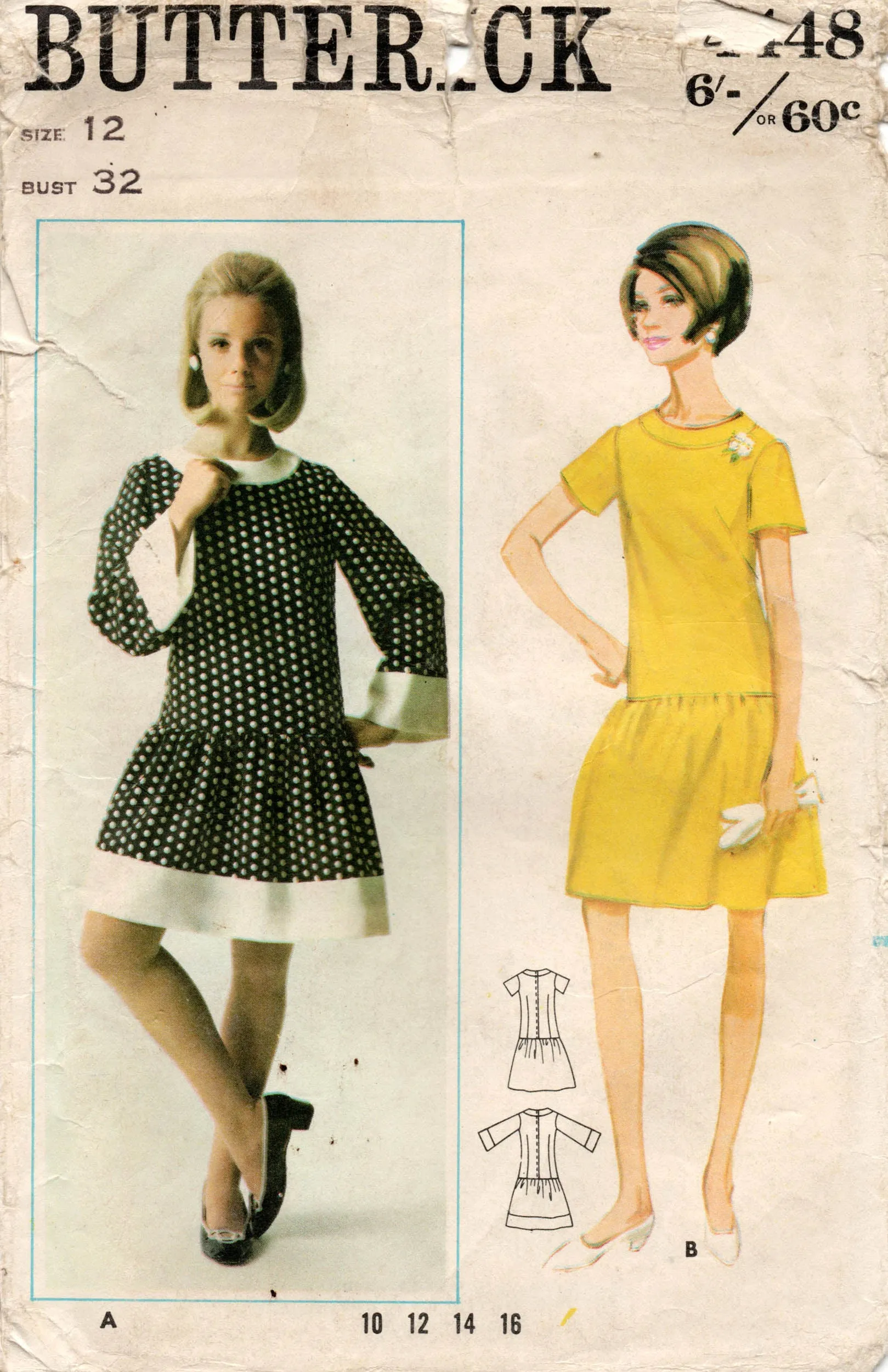 Butterick 4448 Womens Drop Waisted Dress 1960s Vintage Sewing Pattern Size 12 Bust 32 inches