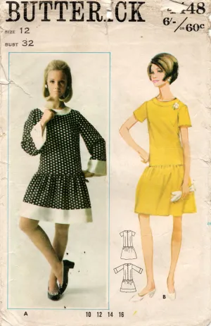 Butterick 4448 Womens Drop Waisted Dress 1960s Vintage Sewing Pattern Size 12 Bust 32 inches