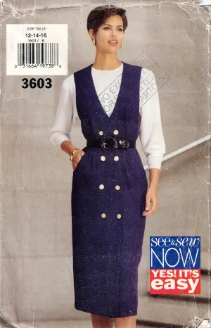 Butterick See & Sew 3603 Womens Double Breasted Jumper Dress & Top 1990s Vintage Sewing Pattern Size 12 - 16 UNCUT Factory Folded