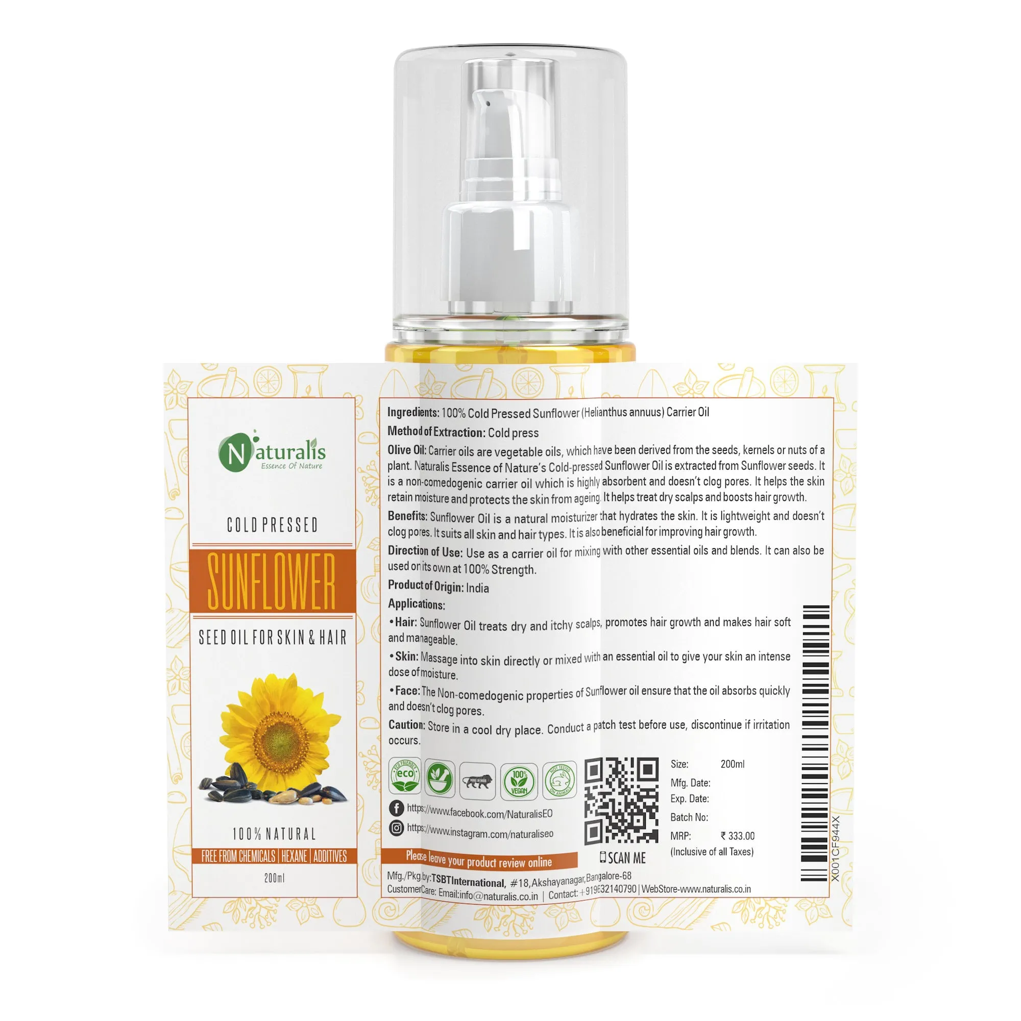 Cold Pressed Sunflower Carrier Oil for Skin, Hair & Lips, 200ml