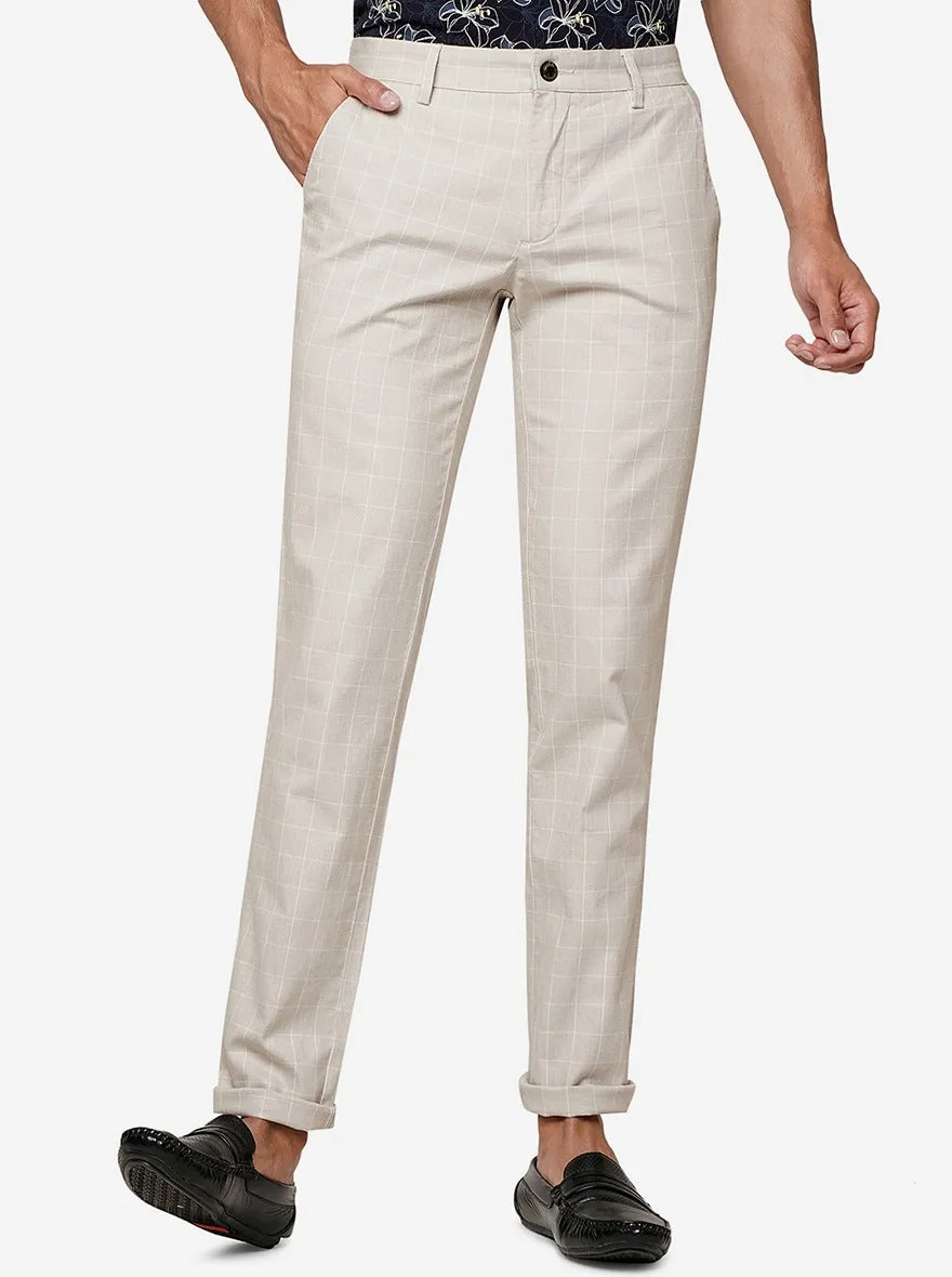 Cream Checked Uno Fit Casual Trouser | JadeBlue