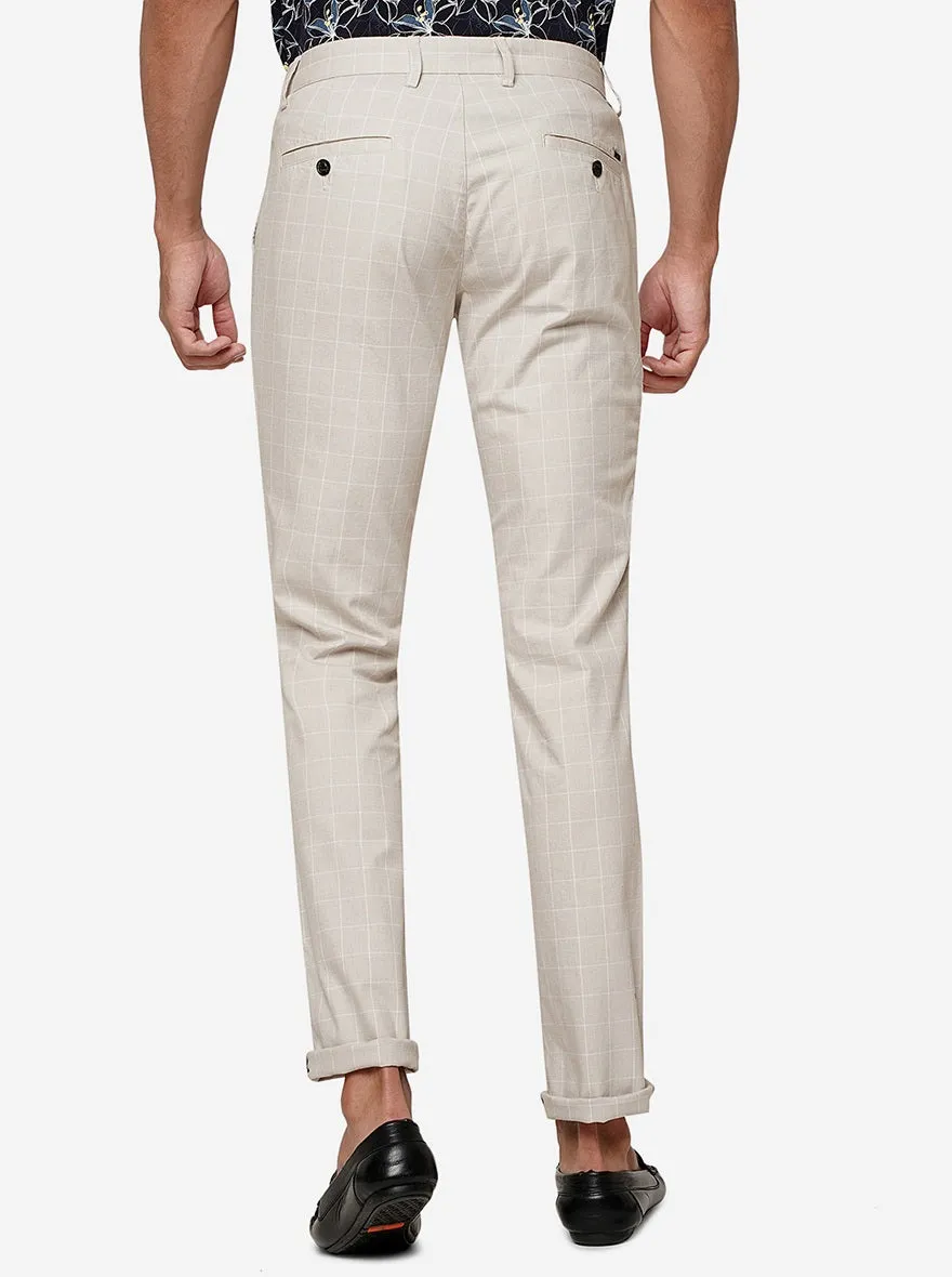 Cream Checked Uno Fit Casual Trouser | JadeBlue