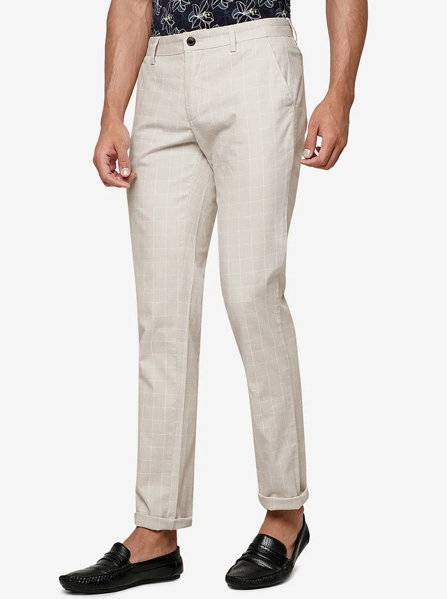 Cream Checked Uno Fit Casual Trouser | JadeBlue