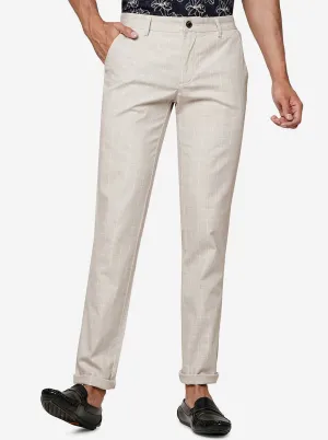 Cream Checked Uno Fit Casual Trouser | JadeBlue