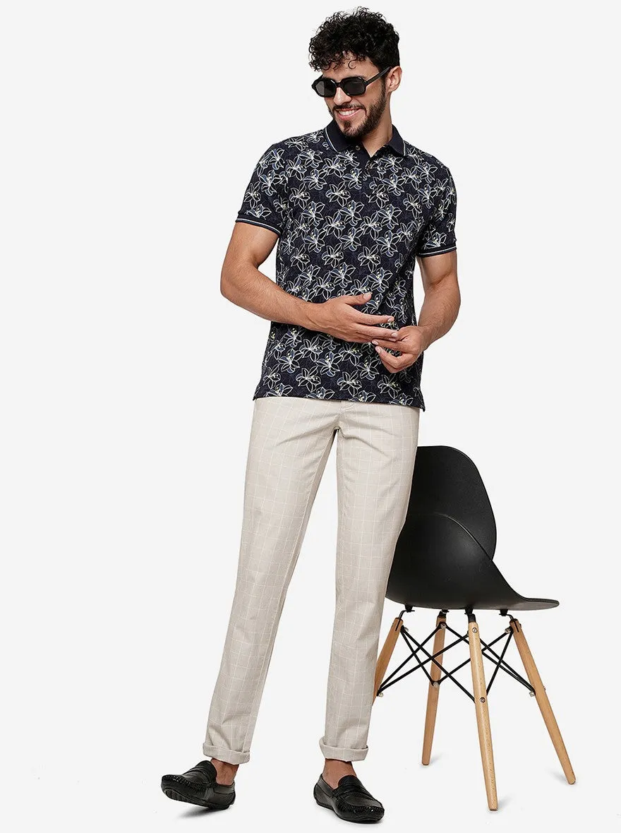 Cream Checked Uno Fit Casual Trouser | JadeBlue