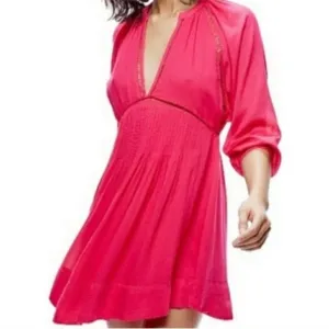 FREE PEOPLE FP Go Lightly V-Neck 3/4 Dolman SLEEVESwing Dress in hot pink