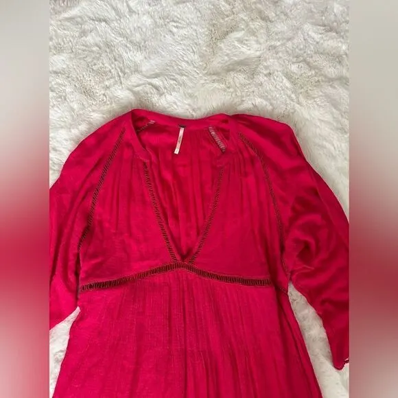 FREE PEOPLE FP Go Lightly V-Neck 3/4 Dolman SLEEVESwing Dress in hot pink