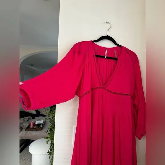FREE PEOPLE FP Go Lightly V-Neck 3/4 Dolman SLEEVESwing Dress in hot pink
