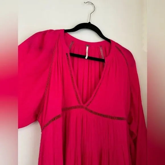 FREE PEOPLE FP Go Lightly V-Neck 3/4 Dolman SLEEVESwing Dress in hot pink