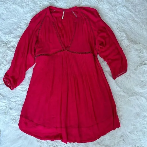 FREE PEOPLE FP Go Lightly V-Neck 3/4 Dolman SLEEVESwing Dress in hot pink
