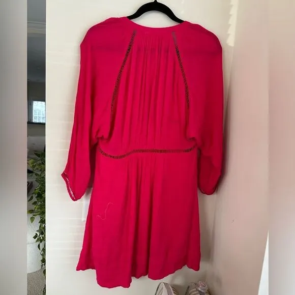 FREE PEOPLE FP Go Lightly V-Neck 3/4 Dolman SLEEVESwing Dress in hot pink