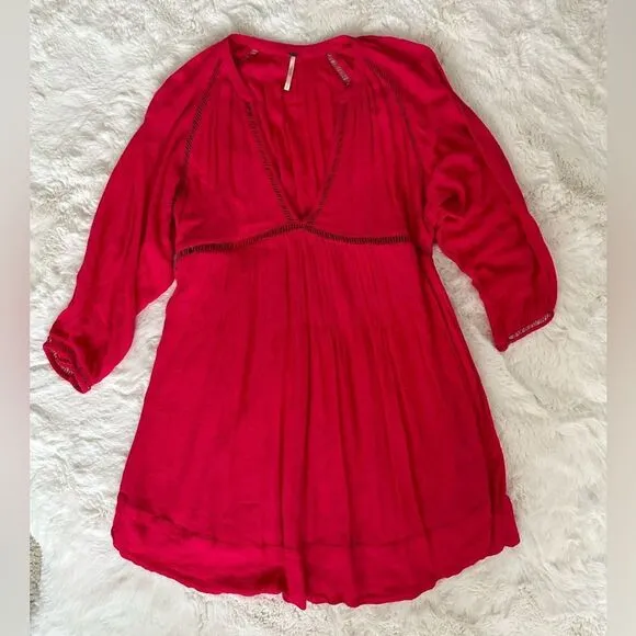 FREE PEOPLE FP Go Lightly V-Neck 3/4 Dolman SLEEVESwing Dress in hot pink