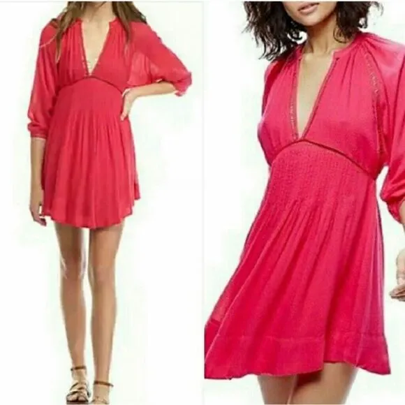 FREE PEOPLE FP Go Lightly V-Neck 3/4 Dolman SLEEVESwing Dress in hot pink