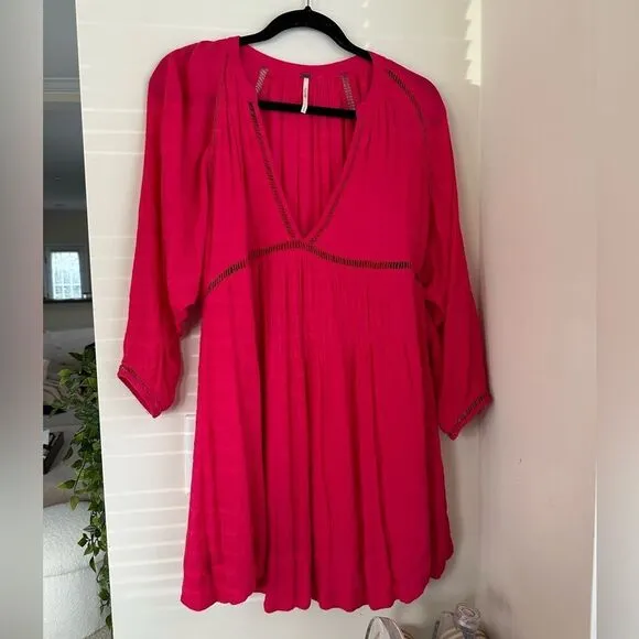 FREE PEOPLE FP Go Lightly V-Neck 3/4 Dolman SLEEVESwing Dress in hot pink