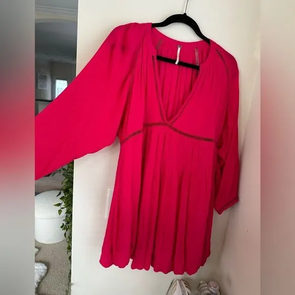 FREE PEOPLE FP Go Lightly V-Neck 3/4 Dolman SLEEVESwing Dress in hot pink