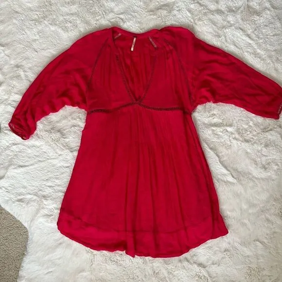 FREE PEOPLE FP Go Lightly V-Neck 3/4 Dolman SLEEVESwing Dress in hot pink