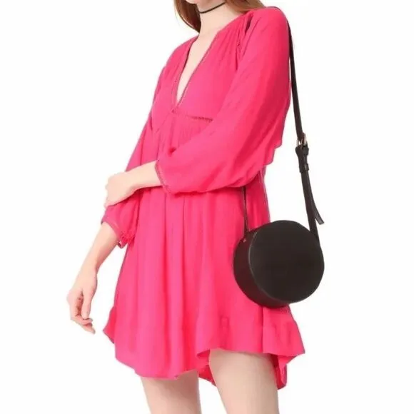 FREE PEOPLE FP Go Lightly V-Neck 3/4 Dolman SLEEVESwing Dress in hot pink