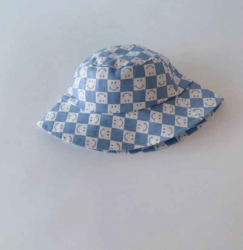 Kids Check Smiley Hat Blue