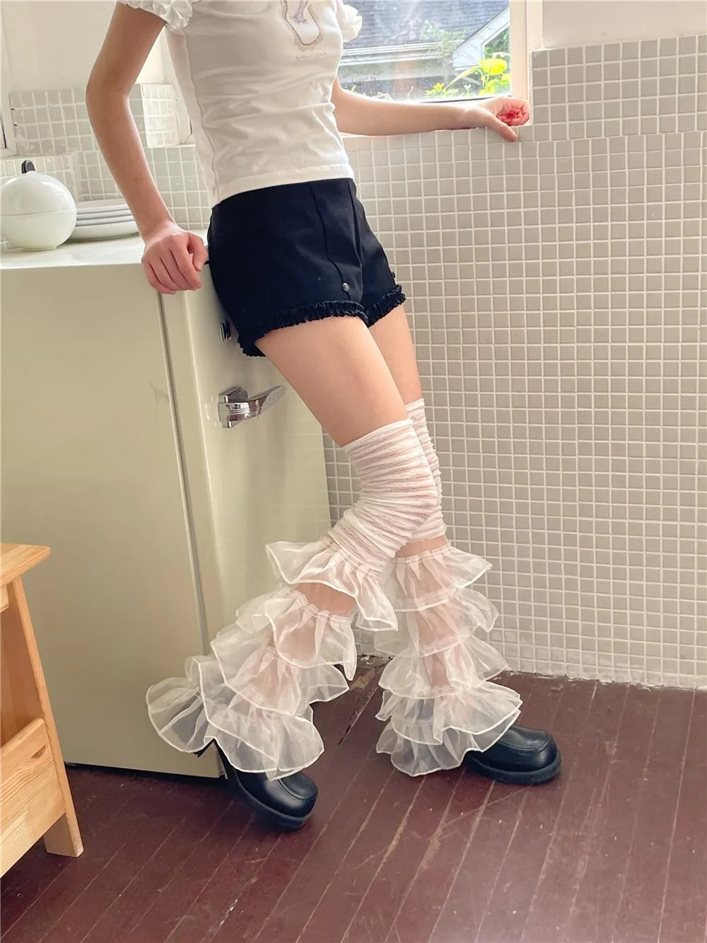 Mary Lace Paneled Leg Cover Sweet Pleated Multi-Layer Leg Covers