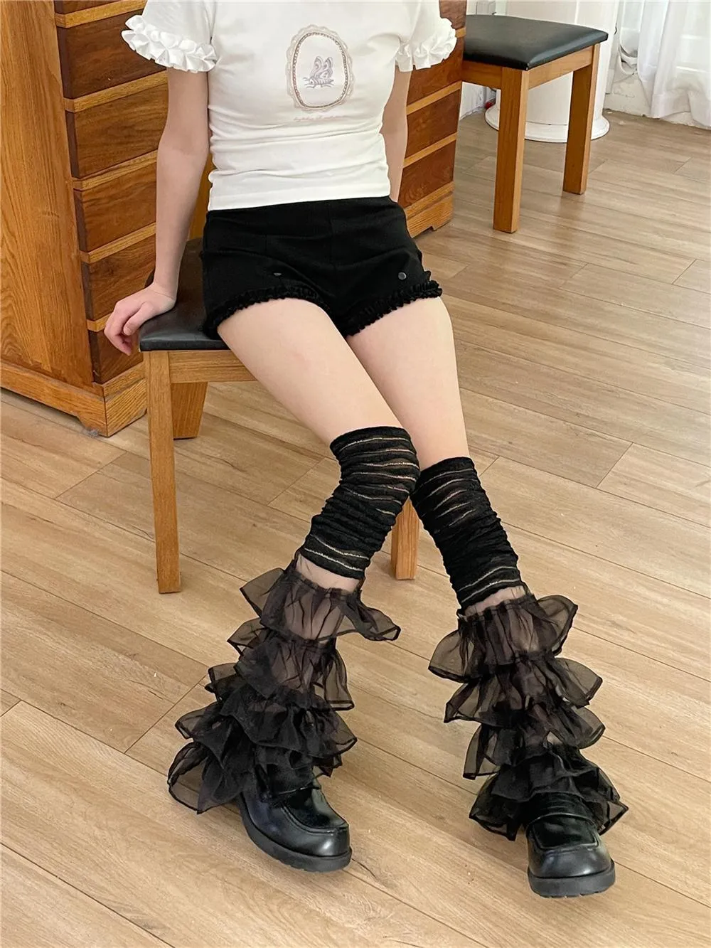 Mary Lace Paneled Leg Cover Sweet Pleated Multi-Layer Leg Covers