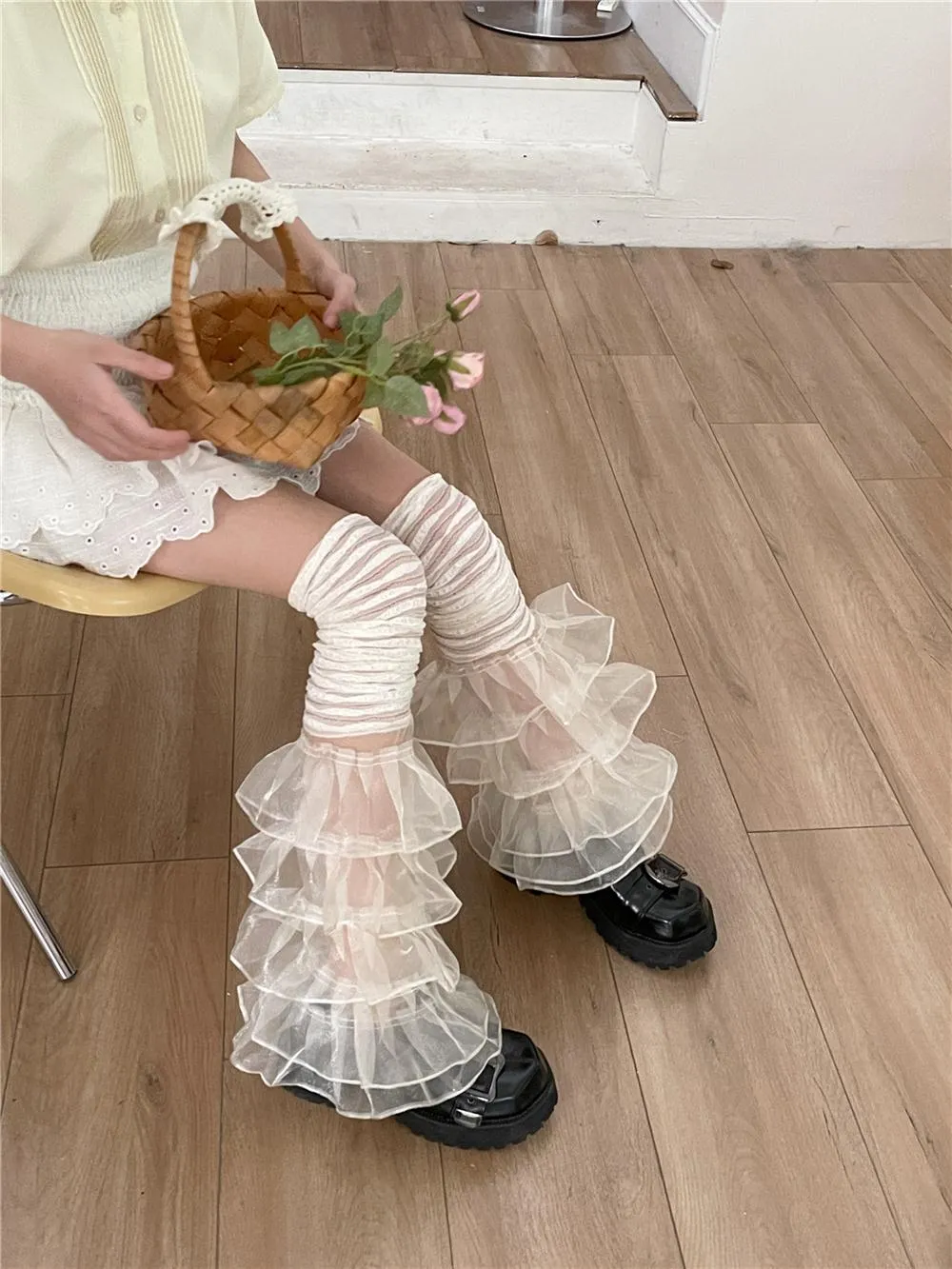 Mary Lace Paneled Leg Cover Sweet Pleated Multi-Layer Leg Covers
