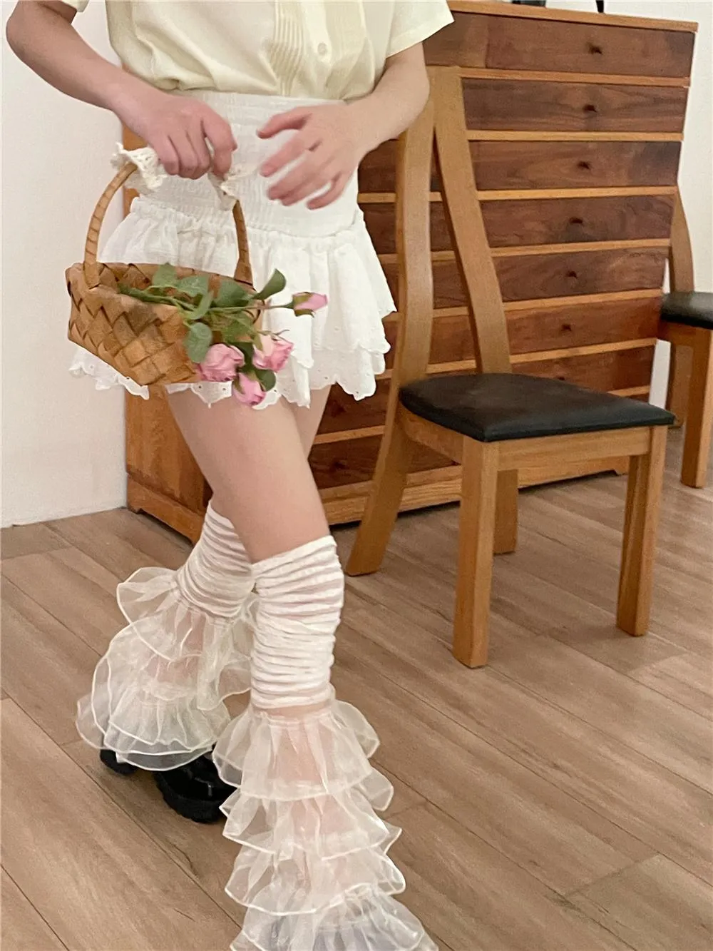 Mary Lace Paneled Leg Cover Sweet Pleated Multi-Layer Leg Covers