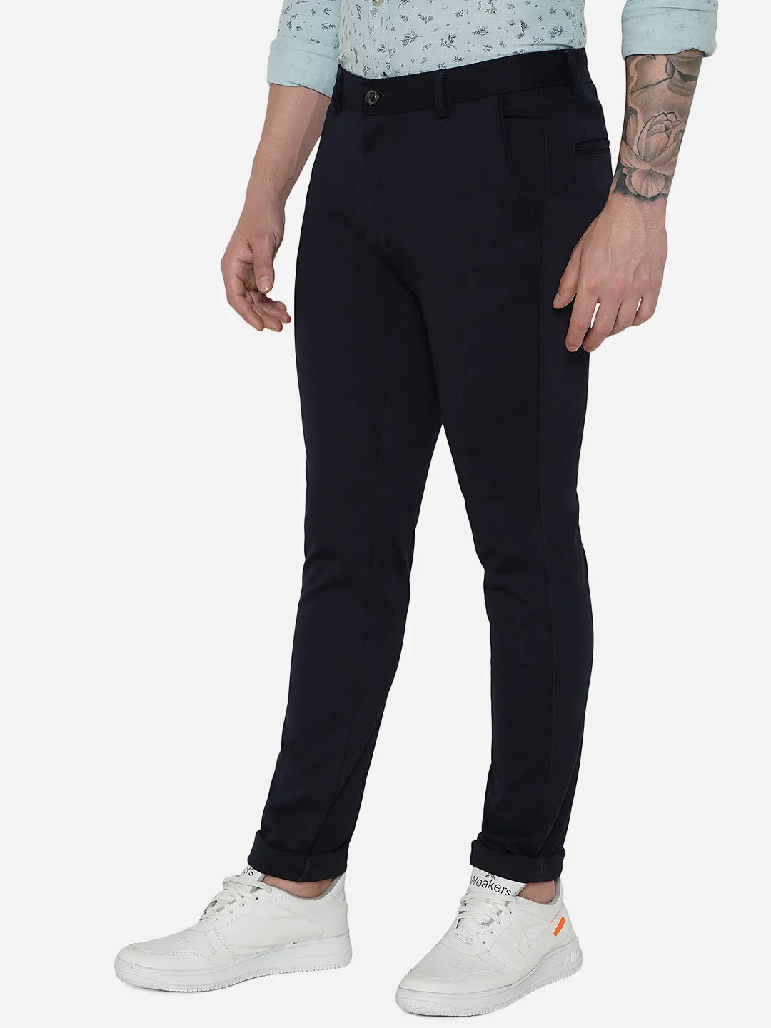 Navy Blue Solid Venice Fit Casual Trouser | JadeBlue