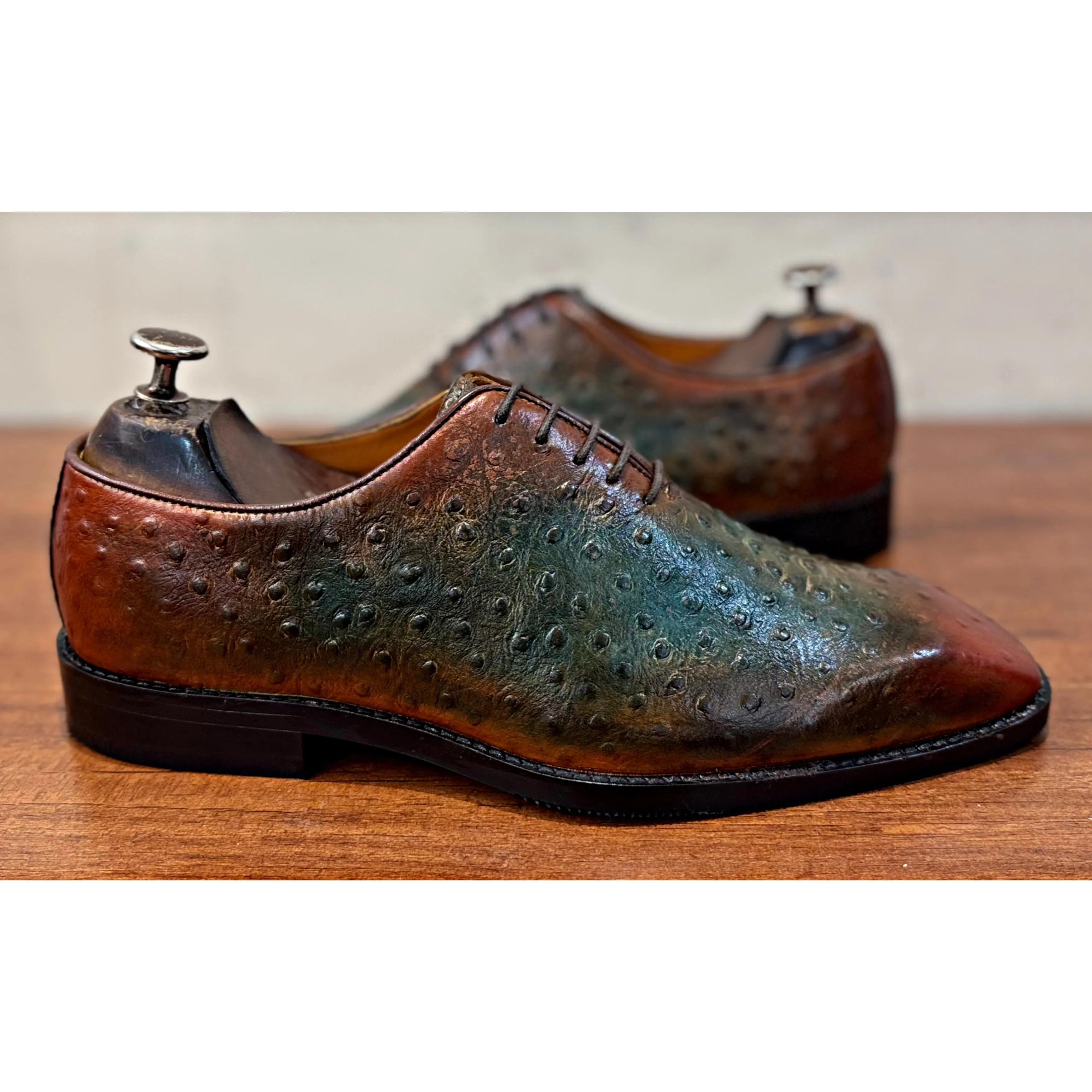 Ostrich Wholecut Oxfords Green Tan